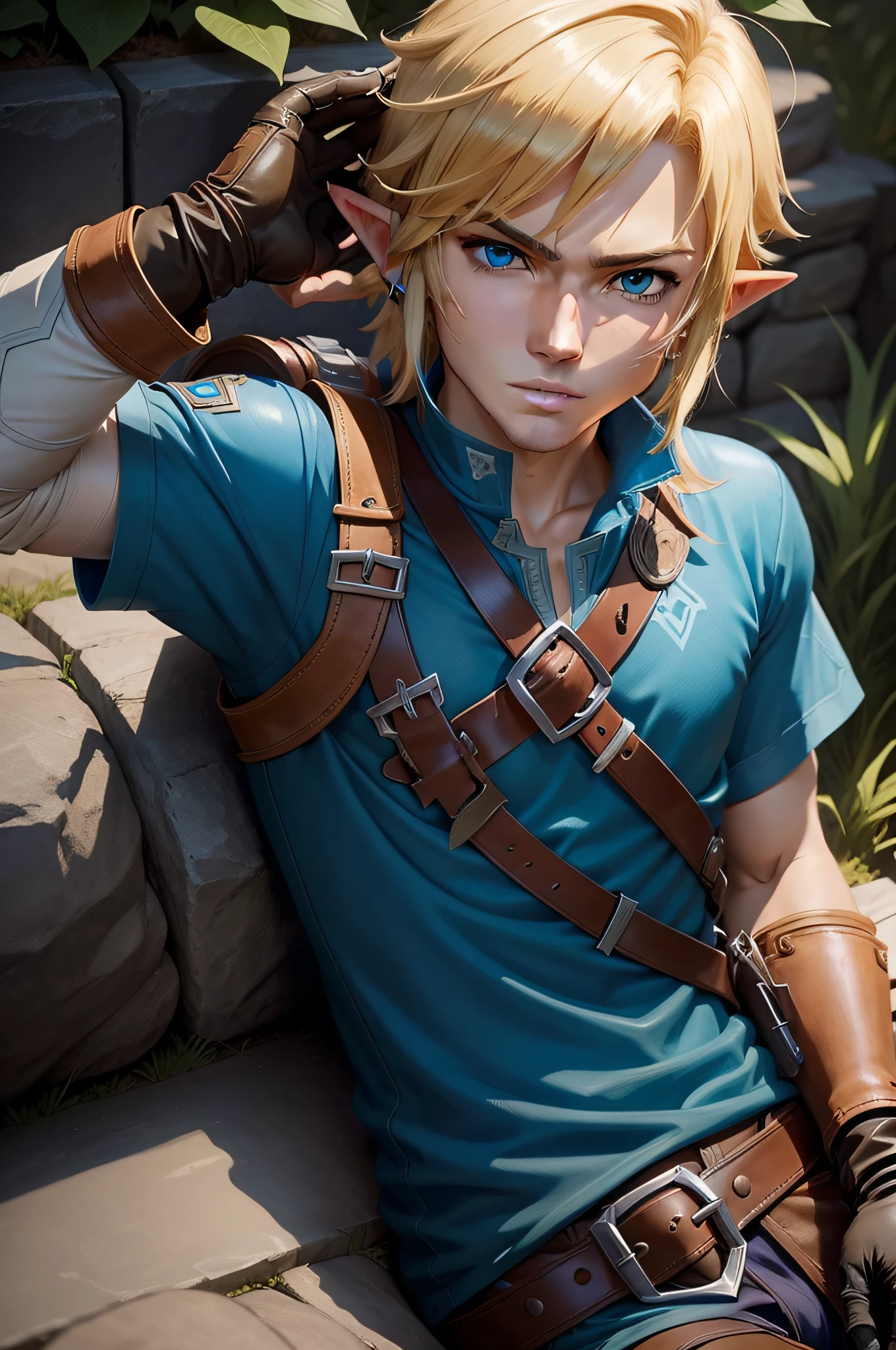 link, legend, blue tunic, botw, hyrule, male, anime cartoon, blonde, leather gloves, covered, young, dreaming, evening, one person, blue eyes, weapons, serious