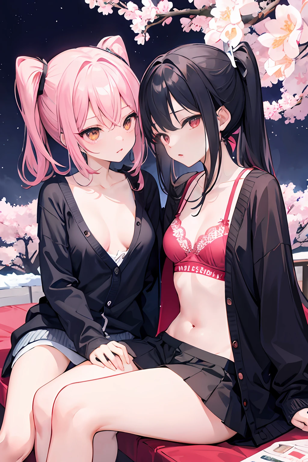 2girls、nightcity、Great body、Great legs、Comes a cardigan over a bra、A dark-haired、Holding a weapon with blood on it、Cherry blossoms are dancing、Being touched in the crotch while sitting with your legs up、Put your hands behind your back、poneyTail、Niō Standing、Holding a knife、Pointed mouth、Ordinary girl、Stick out the body、I'm wearing cute panties、Both are kissing、Touching the body、Licking each other、Kissing