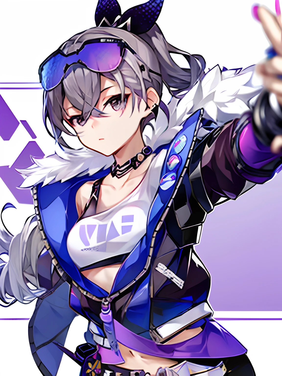 bronya zaychik, bronya, silver_wolf, cabello gris, cola de caballo, ojos grises, small_breasts, pantalones cortos, shot_jacket, beltt, pendientes, clip para el cabello, mirando al espectador, ligas, gargantilla, (ombligo: 1.1), 鎖骨, sudor, trasero grande, tetas grandes