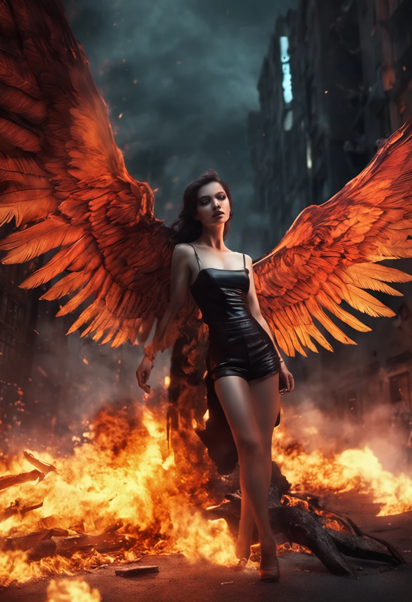 Best quality, tmasterpiece, 超高分辨率, (photograph of-realistic:1.4), ultra-realistic realism, Dream-like,fusionart, Female evil fallen angel lying on the ground with huge wings of fire, in an apocalyptic city in flames, looking at the camera in, shadow magic, darkness control, A secenery, shadowstep, Threshold spells, hidden blade,