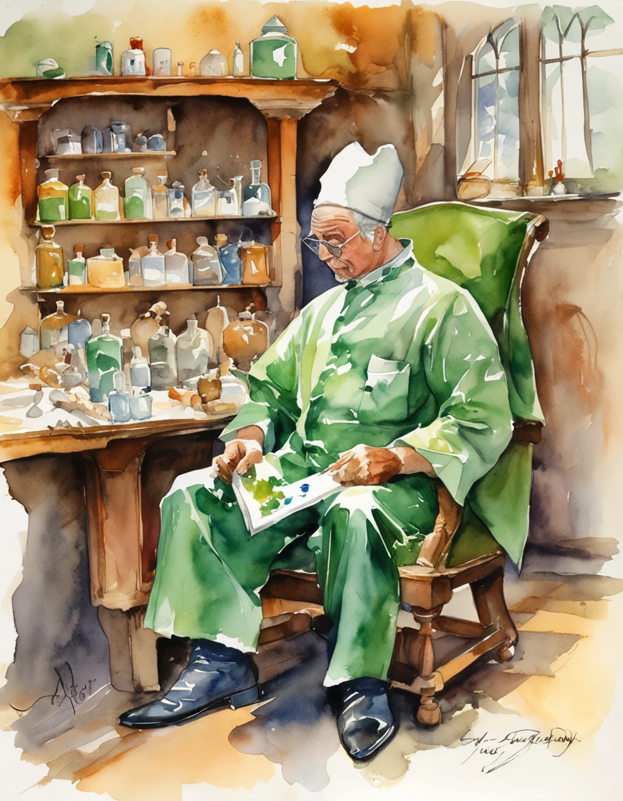 (master part), (melhor qualidade), ((vista frontal)), (Centrado), (meio corpo), Watercolor illustration in green tones of a scientist wearing lab coat and gloves, is holding a vaccine syringe, arte Boris Vallejo, Syd Mead, arte dos anos 70s, na cor verde.