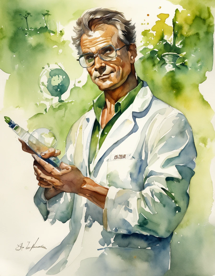 (master part), (melhor qualidade), ((vista frontal)), (Centrado), (meio corpo), Watercolor illustration in green tones of a scientist wearing lab coat and gloves, is holding a vaccine syringe, arte Boris Vallejo, Syd Mead, arte dos anos 70s, na cor verde.