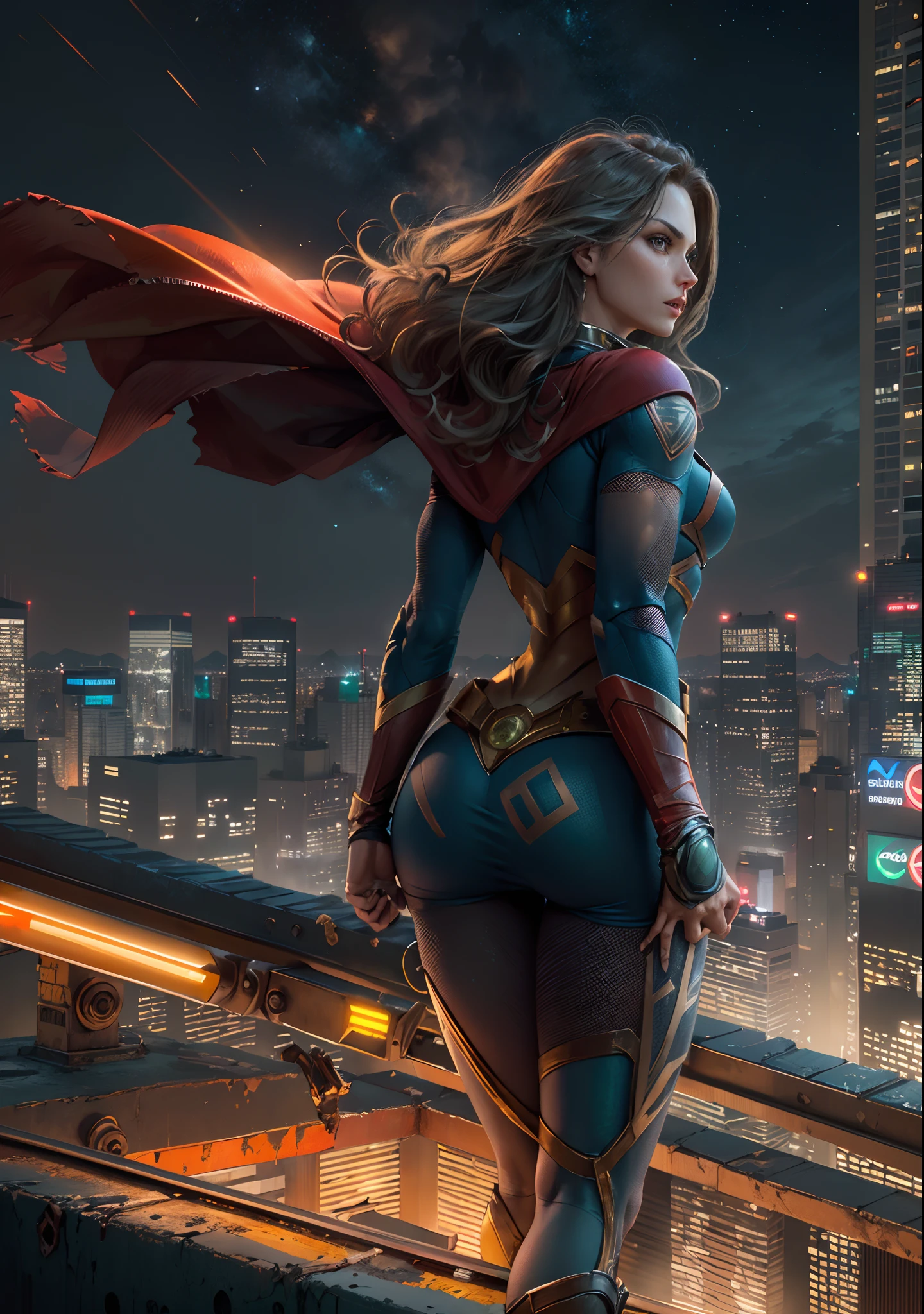 ((Masterpiece, 4k resolution, ultra-realistic, very detailed, cinematic lighting, sexy Supergirl charismatic, heroic-suoerhero-pose on a skyscraper city neonlit rooftop)), [ ((22 year old girl with big butt), (seductive pose:1.2), full body, (green eyes:1.2), ((sexy superwoman pose),show of strength, dramatic presentation), ((dirty urban environment):0.8)| (cityscape, at night, dynamic lights), (spectacular special effects))] 4K painting of ultra-high definition, very realistic.