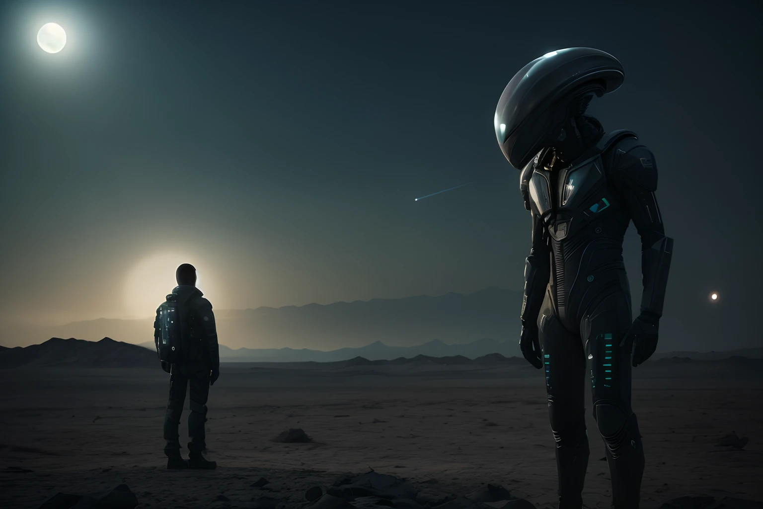 Alien man in a space suit standing in a desert with a full moon in the background, sci-fi cinematic movie still, de um filme 2 0 1 9 sci fi 8k, dramatic sci-fi movie still, sci-fi movie still, depicted as a scifi scene, epic sci-fi movie still, an epic scifi movie still, Sci - Science Fiction Movie Still
