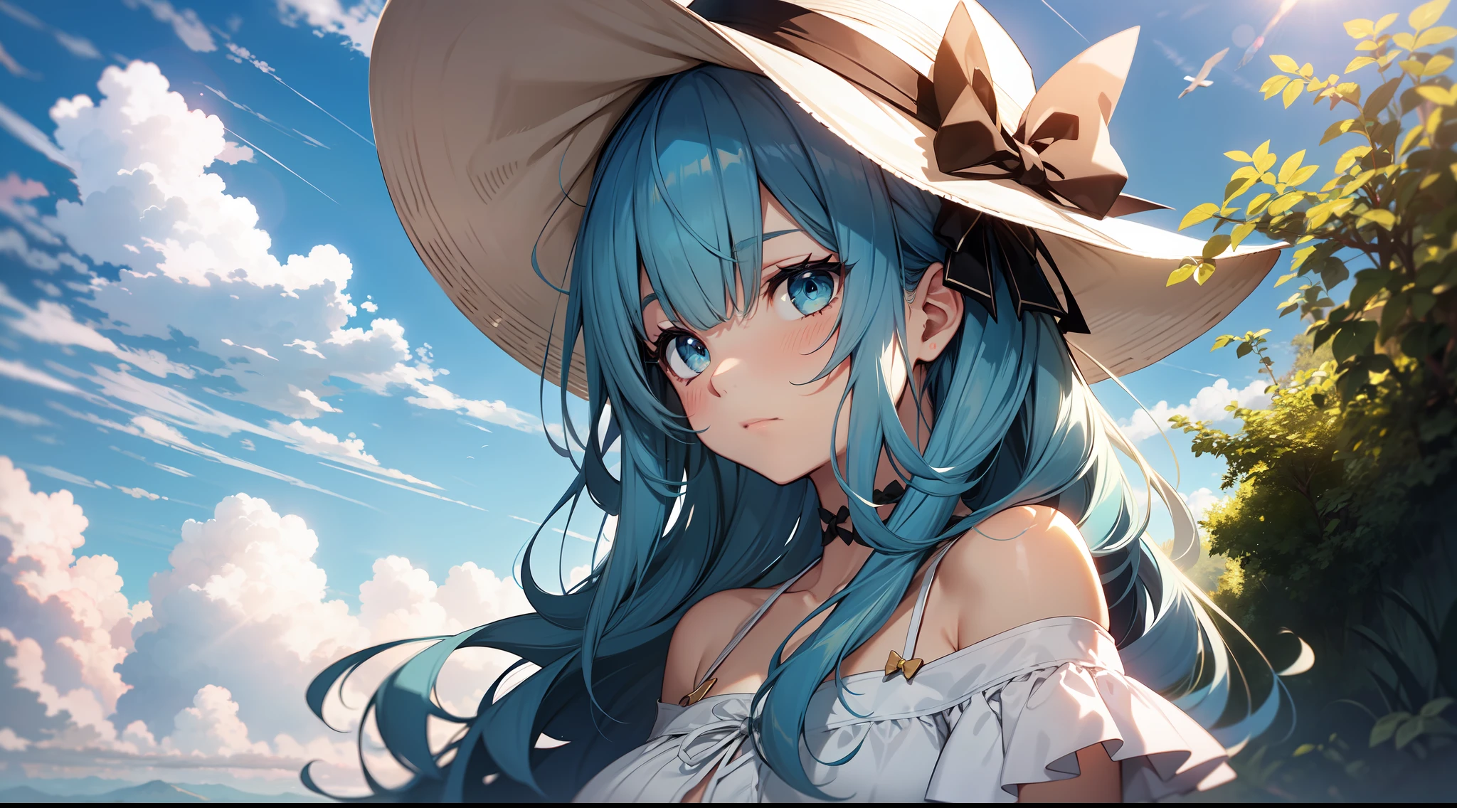 1girl, bangs, blue_eyes, blue_hair, blue_sky, blush, bow, cloud, cloudy_sky, collarbone, day, dress, eyebrows visible through hair, ruffles, handmade, headdress, hat, hat bow, long hair, looking at the lens, outdoors, ribbon, sky, solo, sun hat, white dress