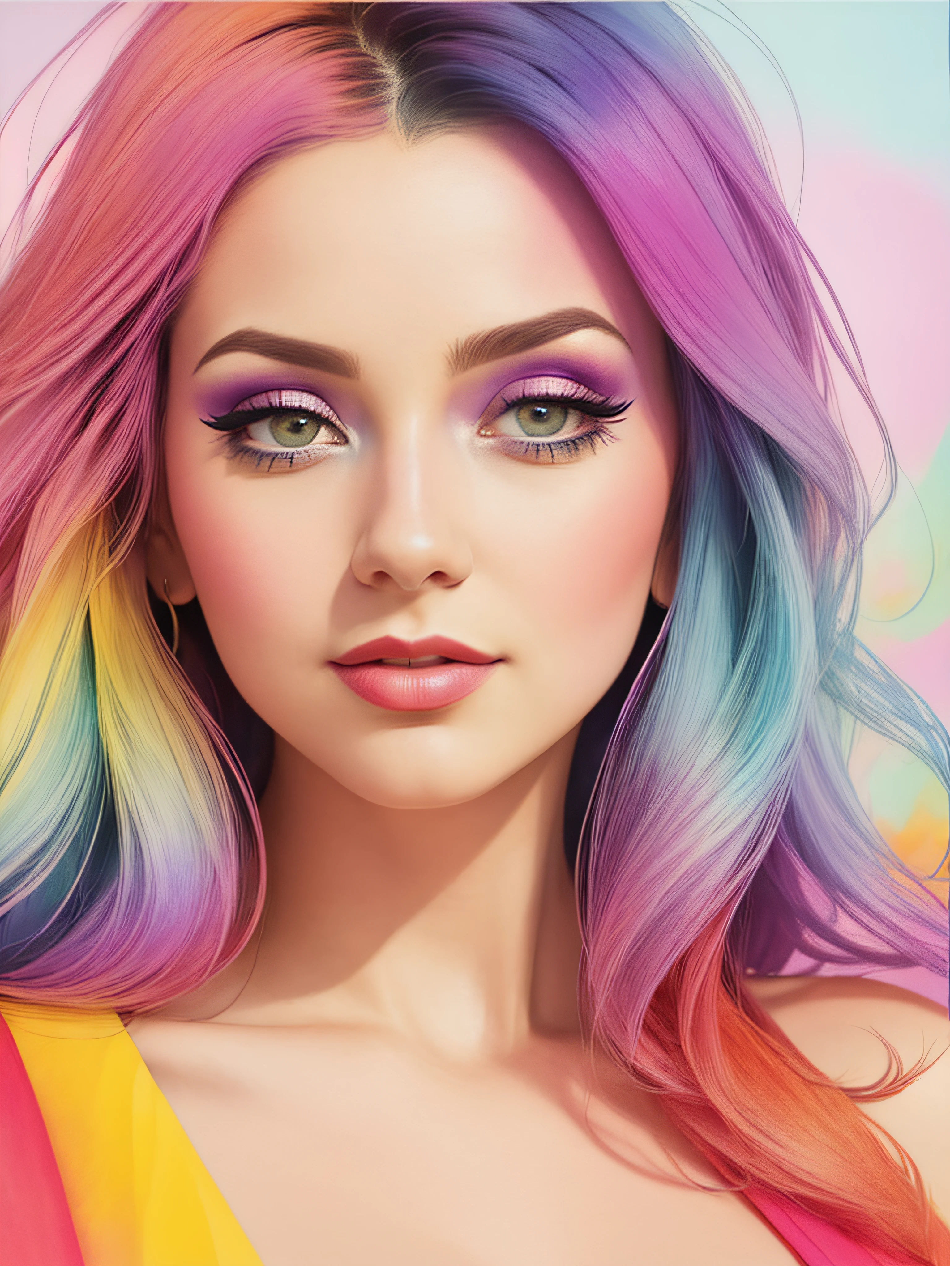 A woman with colorful hair and makeup is posing for a photo, cores realistas vibrantes, Arte digital realista 4K, Arte digital realista 4K, pintura digital colorida, arte de fantasia digital colorida, pintura digital vibrante, retrato de fantasia digital, linda arte digital, arte digital colorida, full-colour illustration, estilo de arte de fantasia, Arte digital detalhada em 4k