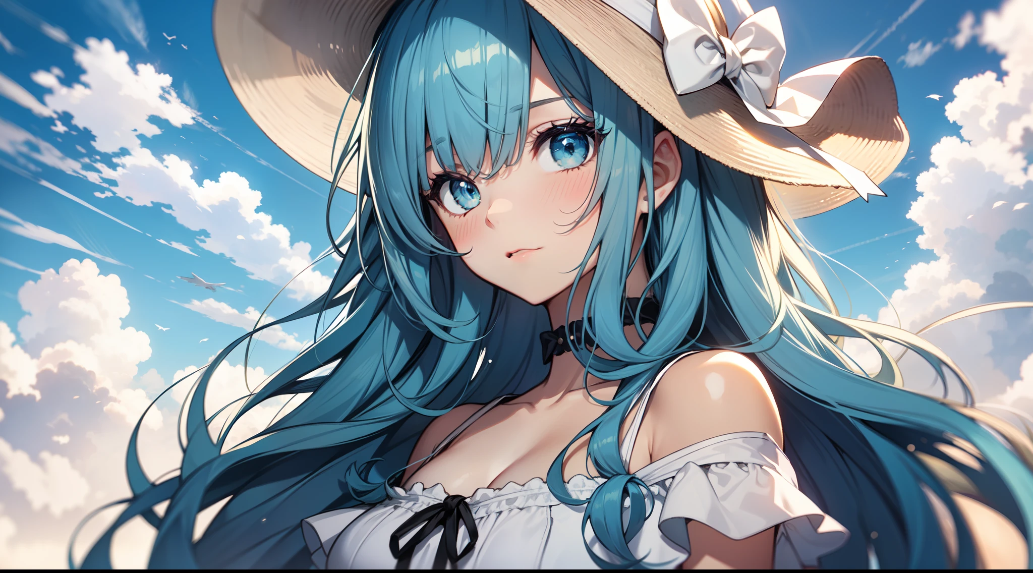 1girl, bangs, blue_eyes, blue_hair, blue_sky, blush, bow, cloud, cloudy_sky, collarbone, day, dress, eyebrows visible through hair, ruffles, handmade, headdress, hat, hat bow, long hair, looking at the lens, outdoors, ribbon, sky, solo, sun hat, white dress