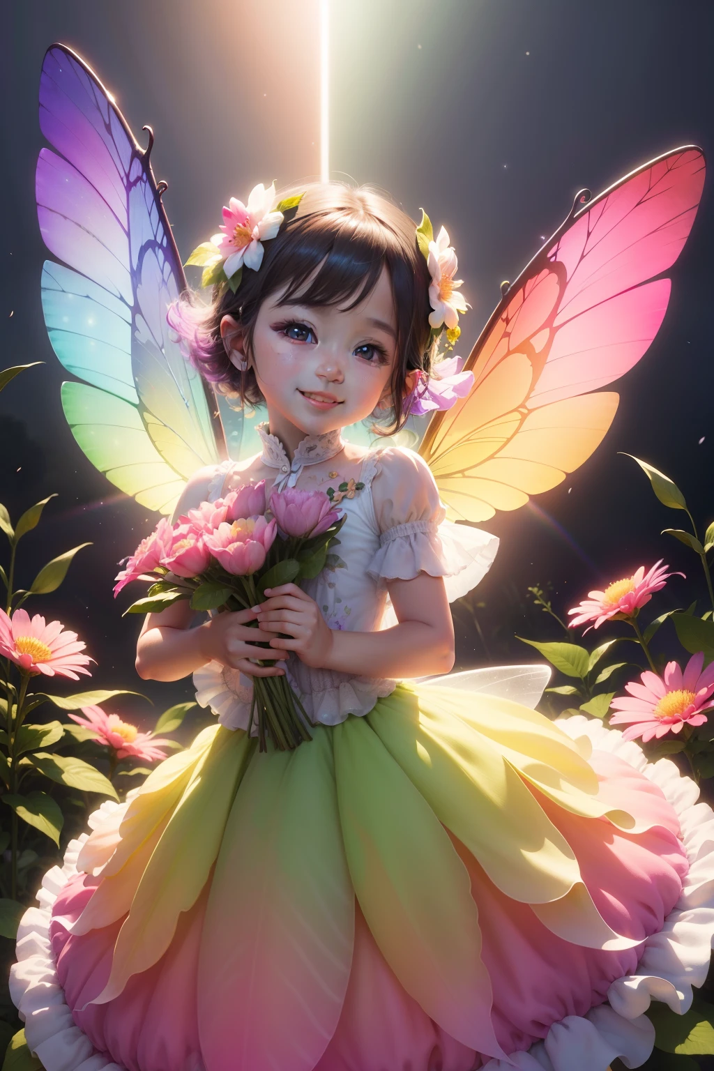 Cute flower fairy ，Transparent colored wings, Dance among the flowers，The smile is bright，Let's be happy，Beautiful garden background，Bright rainbow-colored landscape，plethora of colors，Rich in elements，Facial features are super detailed，Ultra-high sharpness、k hd、8K、