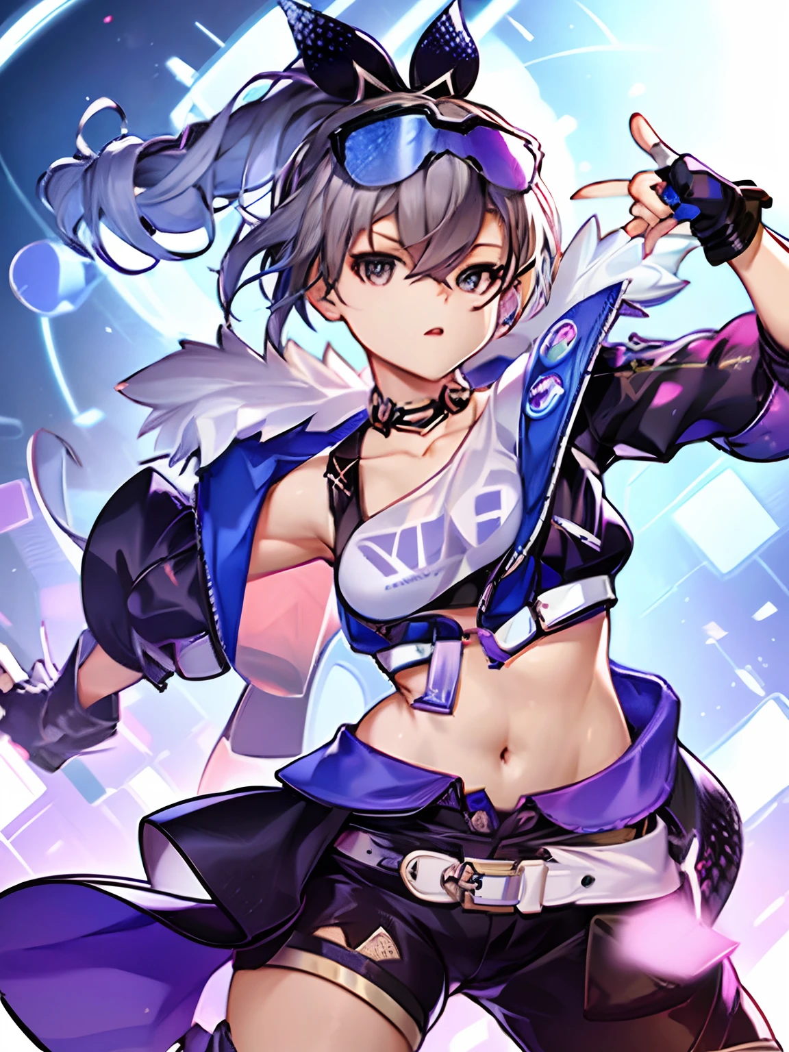 bronya zaychik, bronya, silver_wolf, cabello gris, cola de caballo, ojos grises, small_breasts, pantalones cortos, shot_jacket, beltt, pendientes, clip para el cabello, mirando al espectador, ligas, gargantilla, (ombligo: 1.1), 鎖骨, sudor, trasero grande, tetas grandes