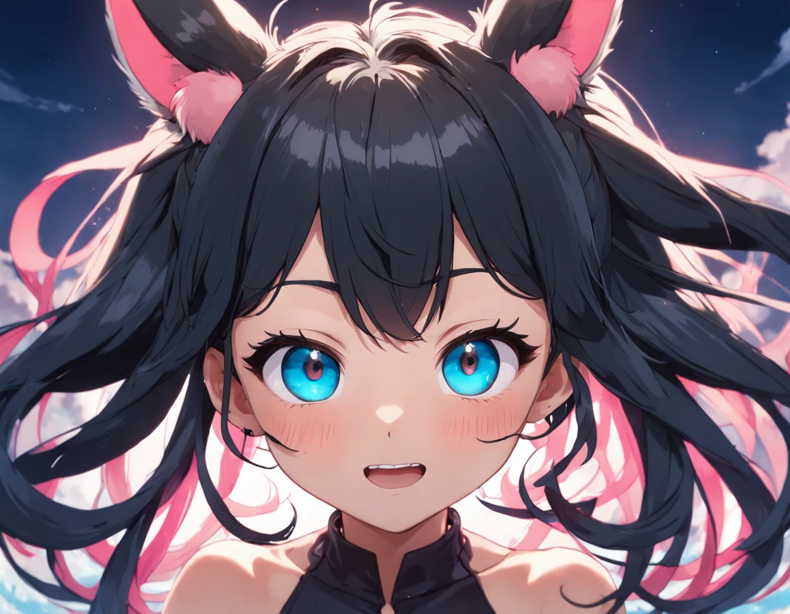 black hair, hair bobbles, wince, longeyelashes, solid circle eyes, fake animal ears, light smile, ear blush, fang, Surrealism, drop shadow, anaglyph, stereogram, tachi-e, pov, atmospheric perspective, 8k, super detail, ccurate, best quality