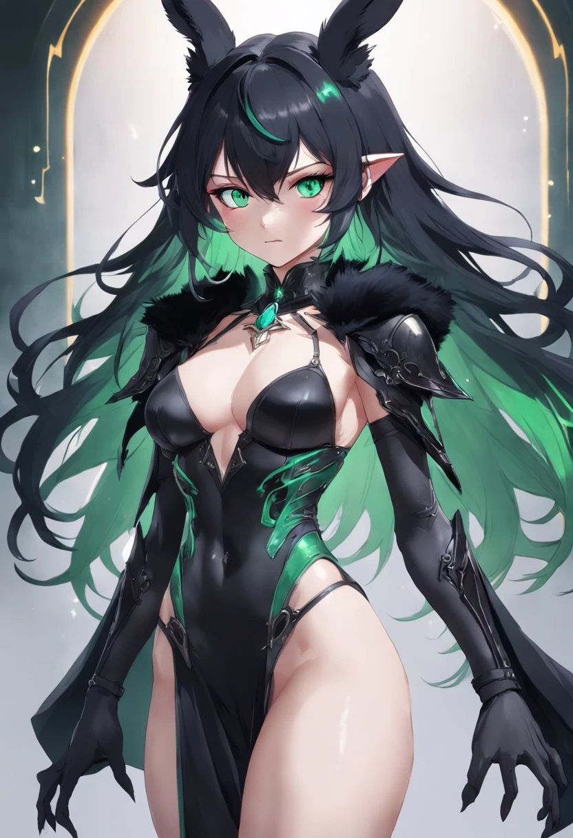 Beautiful and gorgeous rabbits and humanoids in Final Fantasy style, clean detailed faces, complex clothing, analogous colors, Glowing shadow, beautiful gradation, Depth of field, Clean image, High quality, High detail, High definition, Luminous Studio graphics engine. .....The queen has a sleek and mysterious appearance, Midnight black fur and harsh emerald green eyes. She has a stylized crescent moon tattoo on her right shoulder,Her aura radiates darkness, Spooky energy. She wears a flowing black cloak with a silver lining, and a tight black suit,Showing her light figure.