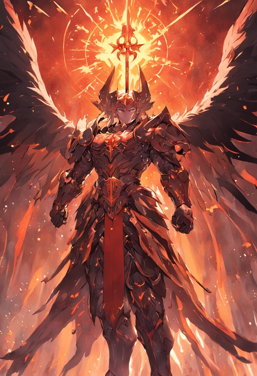 St. Giles，The ninth heir of the emperor，Wear gold power armor，Behind the back of the day, let the wings spread，Set with 3 blood-red gemstones on the chest，Holding the Sword of Truth in his hand, a raging fire burned，Sun pattern on the back，He is the sun god Apollo，Ares, the god of war，Angry Holy Blood Angel
