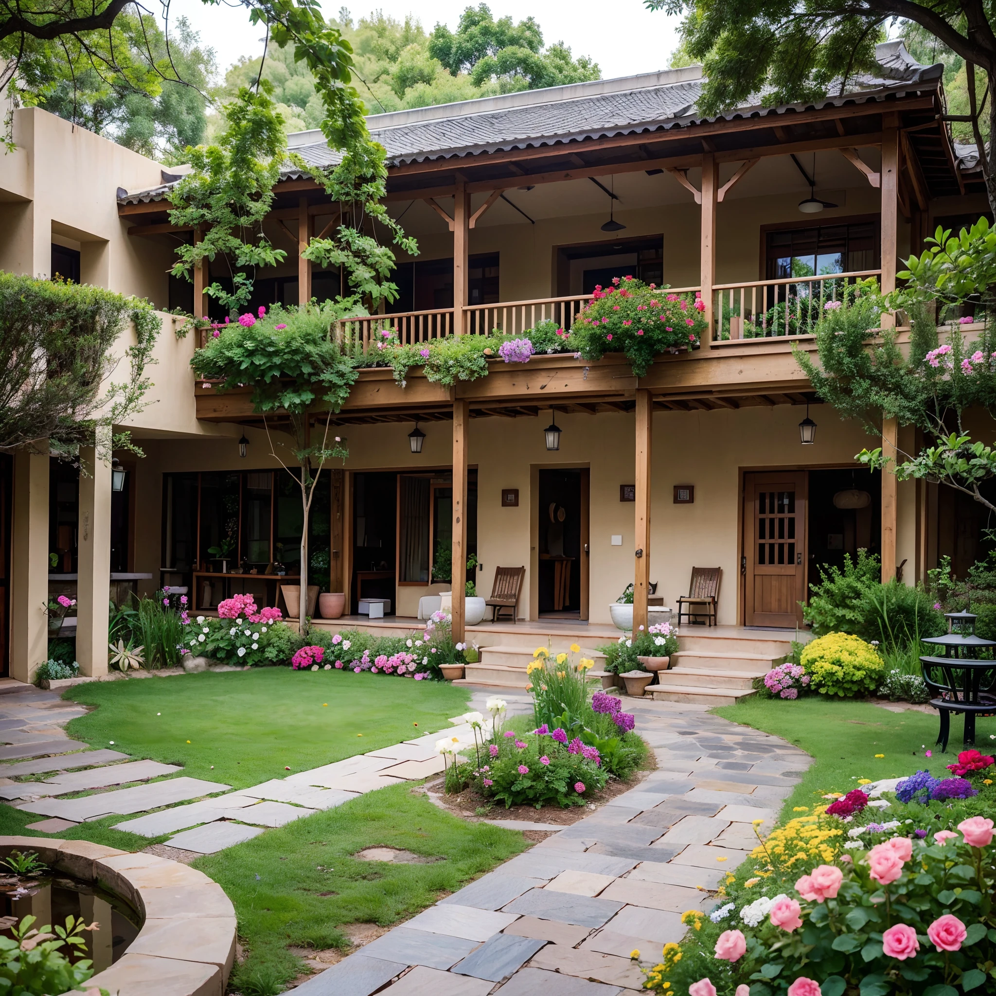 ,巨作, Best quality,8K, 超高分辨率,Stroll through the courtyard,The fragrance of flowers in the garden is greeted by the garden,In the ears is the joyful sound of cicadas chirping birds。The rustic courtyard is dominated by a strong natural atmosphere,Roses in bloom in flower beds、himawari、carnation,Like a blooming note,Arouse love and serenity in the heart。The green lawn is lined with fruit trees and vines,It gives a rustic and comfortable feeling。