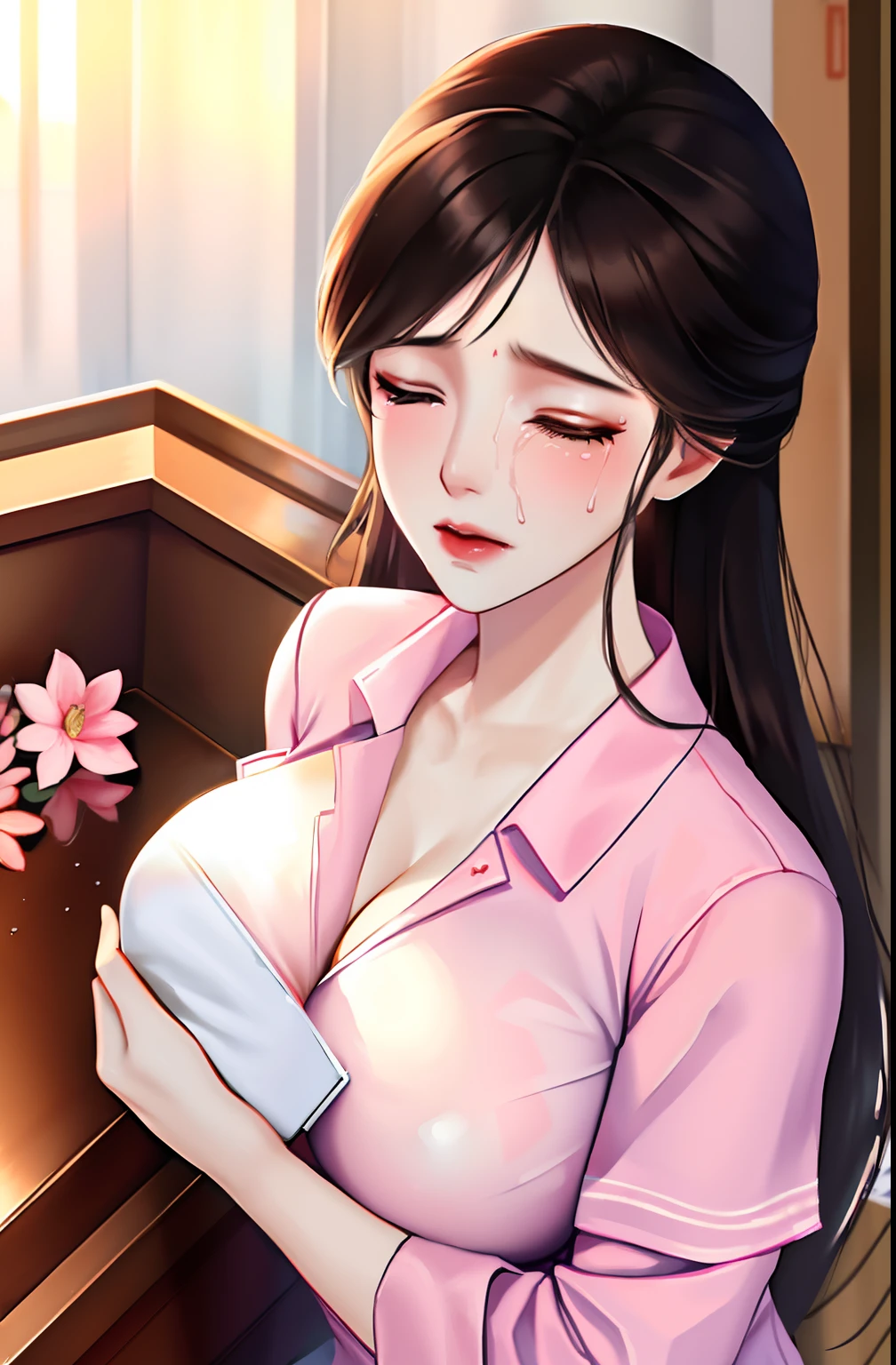 1girl,korean nurse girl,very beautiful detailed face,nurse wet uniform,super big breast,(P cup), hold a flower,gently sad and cry,sexy body,in the casket box, lying on a the casket box, death, dead, limp, eyes closed,box full flower