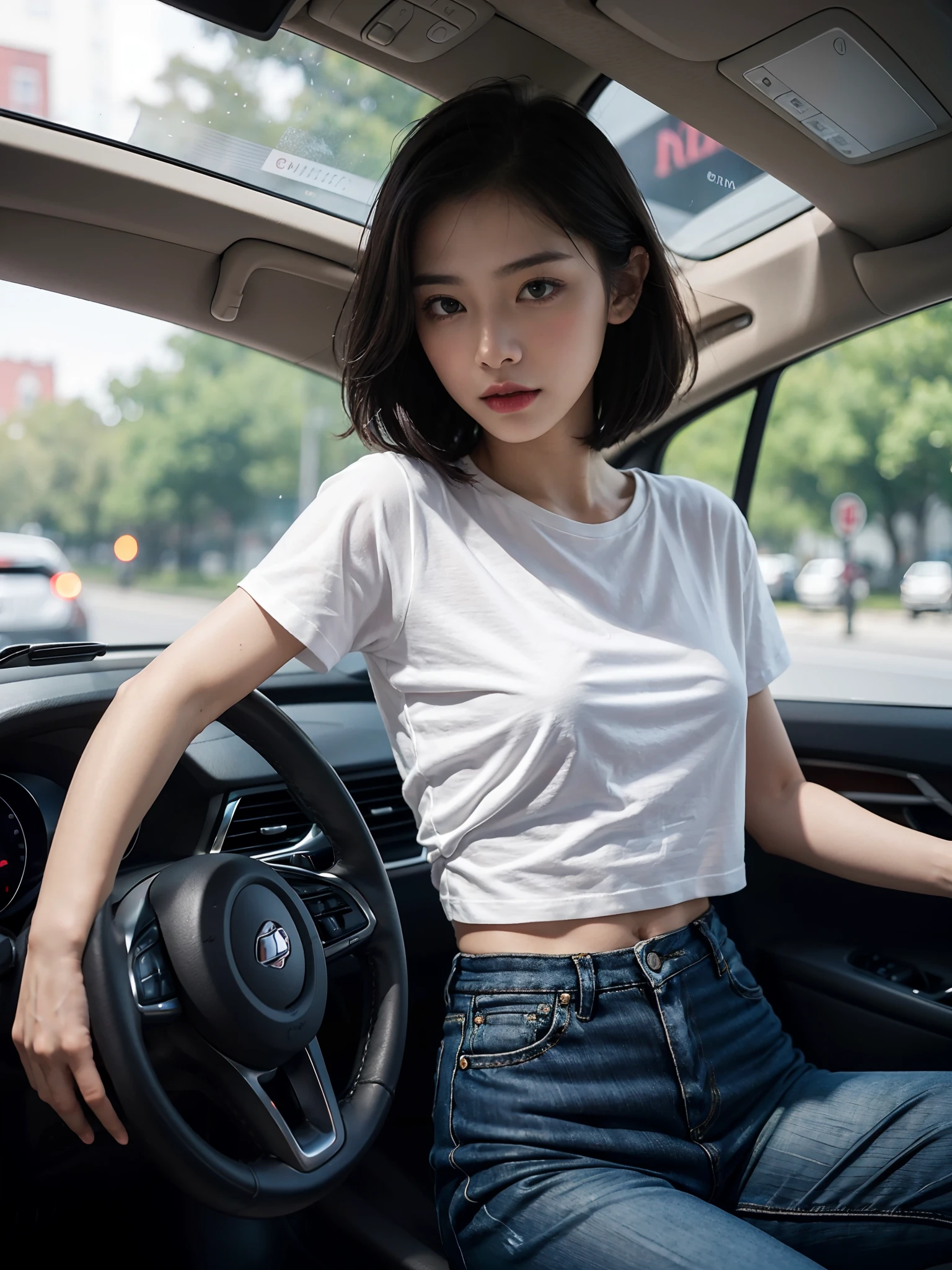 ((smallunderboob,Tomboyish,small heads)), (Well-defined abs: 1.1), (perfect bodies: 1.1), (short-length straighthair: 1.2), Black hair, fully body photo, nabel，White sneakers，（极其细致的CG 8k壁纸），（Extremely refined and beautiful），（tmasterpiece），（best qualtiy：1.0），（超A high resolution：1.0），beautiful light up，Perfect lightning，realistic shaded，[A high resolution]，Delicate skin，ultra - detailed ，Wear a black and gray short-sleeved T-shirt，denim short，Fair and slender legs，Female driver，In a private car，Place your hands on the steering wheel，driving car，flatchest，Slim，emaciated
