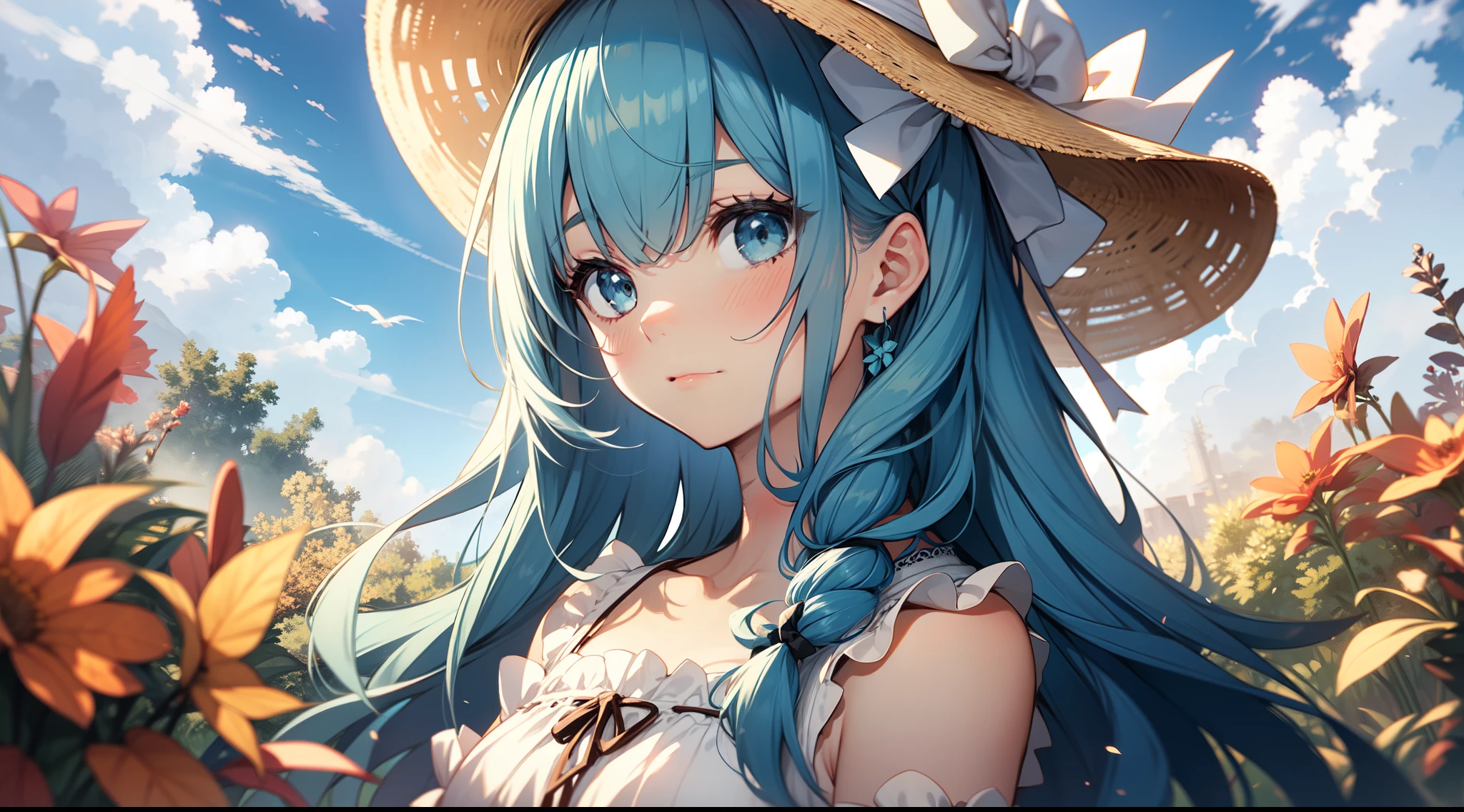 1girl, bangs, blue_eyes, blue_hair, blue_sky, blush, bow, cloud, cloudy_sky, collarbone, day, dress, eyebrows visible through hair, ruffles, handmade, headdress, hat, hat bow, long hair, looking at the lens, outdoors, ribbon, sky, solo, sun hat, white dress