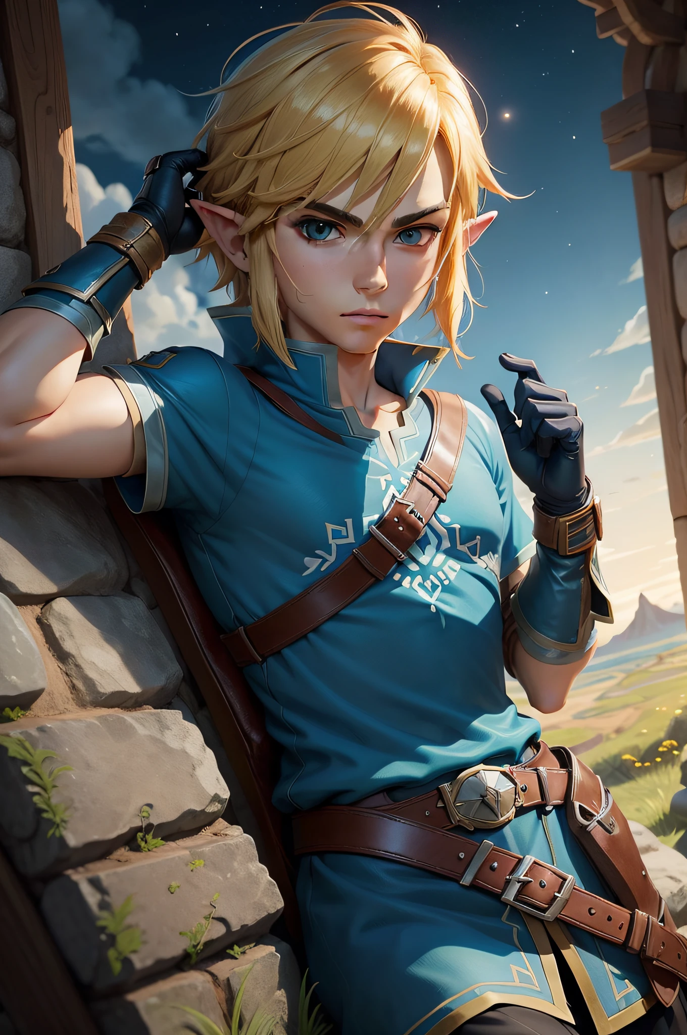 link, legend, blue tunic, botw, hyrule, male, anime style, cartoon style, blonde, leather gloves, covered, young, dreaming, evening, one person, blue eyes, big eyes, serious, anime eyes