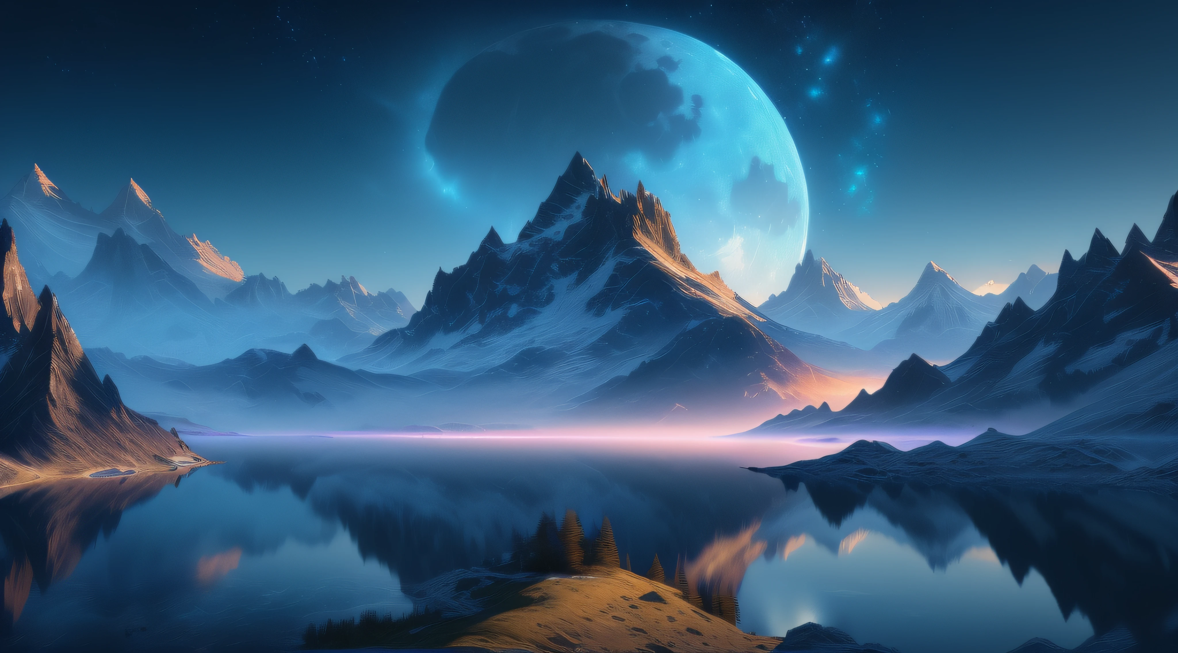 mountains and a lake with a moon in the sky, 4k highly detailed digital art, 4 k hd wallpaper very detailed, impressive fantasy landscape, sci-fi fantasy desktop wallpaper, unreal engine 4k wallpaper, 4k detailed digital art, sci-fi fantasy wallpaper, epic dreamlike fantasy landscape, 4k hd matte digital painting, 8k stunning artwork