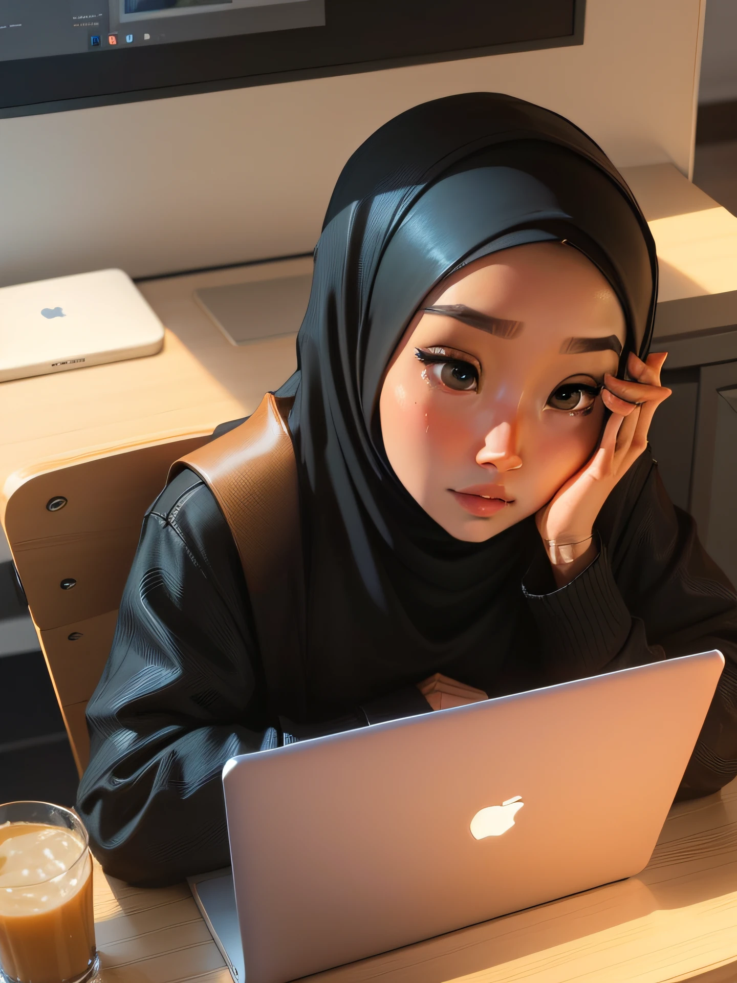 a girl in hijab sitting at a table with a laptop, working on her laptop, working on a laptop at a desk, typing on laptop, a young asian girl, young middle indonesian girl, young asian girl close up beauty girl, cute face, big eyes, sitting at a desk, using a macbook