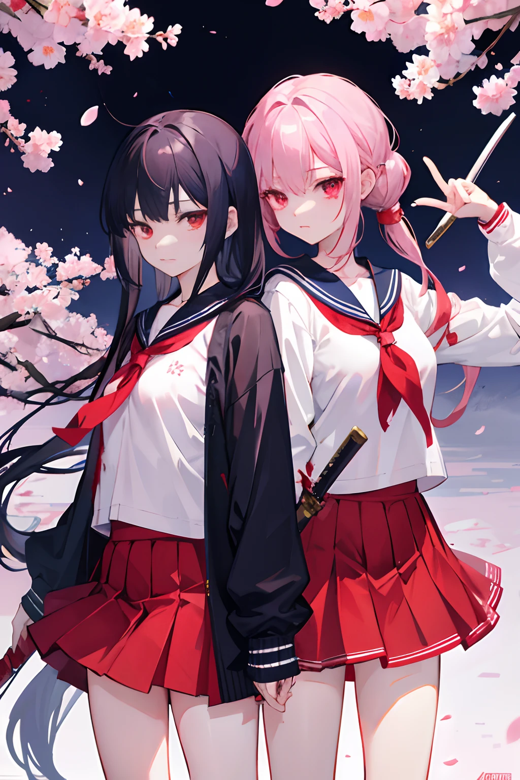 2girls、nightcity、Weapons with blood on them、Great body、Great legs、Sailor suit with blood on it、long skirt、Wearing a cardigan、A dark-haired、Sword、Holding a weapon with blood on it、Cherry blossoms are dancing、poneyTail、Ordinary girl、The actions of two people who fight、a cool、It's battered
