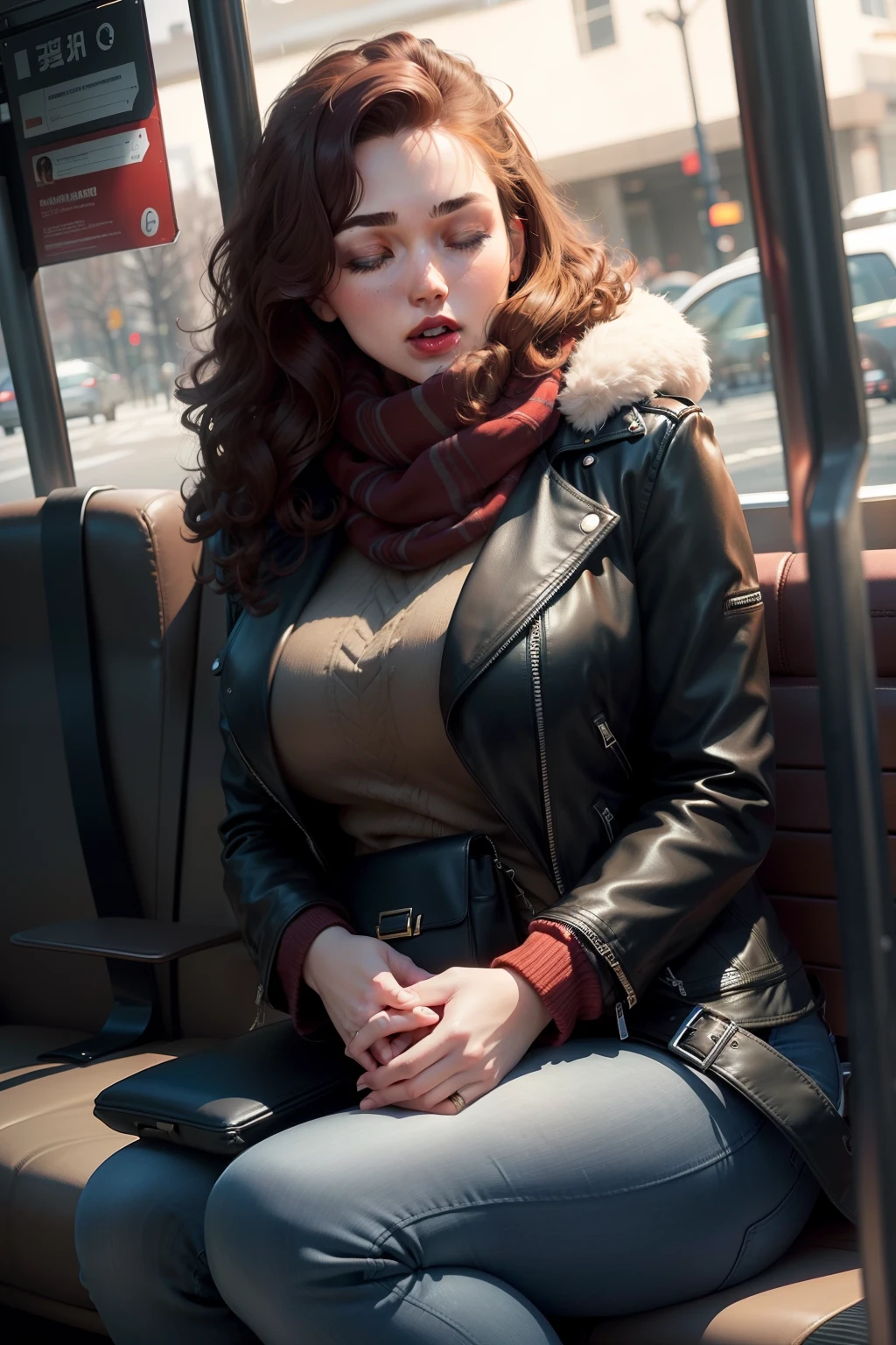 1 beautiful woman, adult, large body, red lips, brown hair, curly hair, outlined eyelids, made-up eyelids, made-up face, leather jacket, black jacket, black scarf, blue jeans, black bag, sleeping sitting on the bus, mouth open, eyes closed.