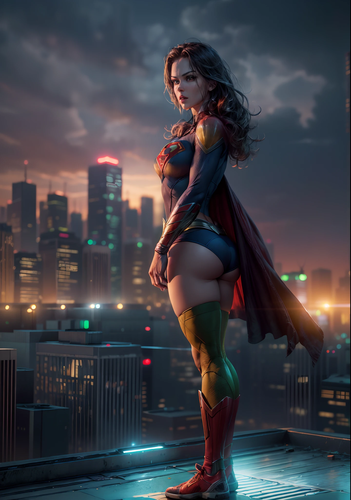 ((Masterpiece, 4k resolution, ultra-realistic, very detailed, cinematic lighting, sexy Supergirl charismatic, heroic-suoerhero-pose on a skyscraper city neonlit rooftop)), [ ((22 year old girl with big butt), (seductive pose:1.2), full body, (green eyes:1.2), ((sexy superwoman pose),show of strength, dramatic presentation), ((dirty urban environment):0.8)| (cityscape, at night, dynamic lights), (spectacular special effects))] 4K painting of ultra-high definition, very realistic.