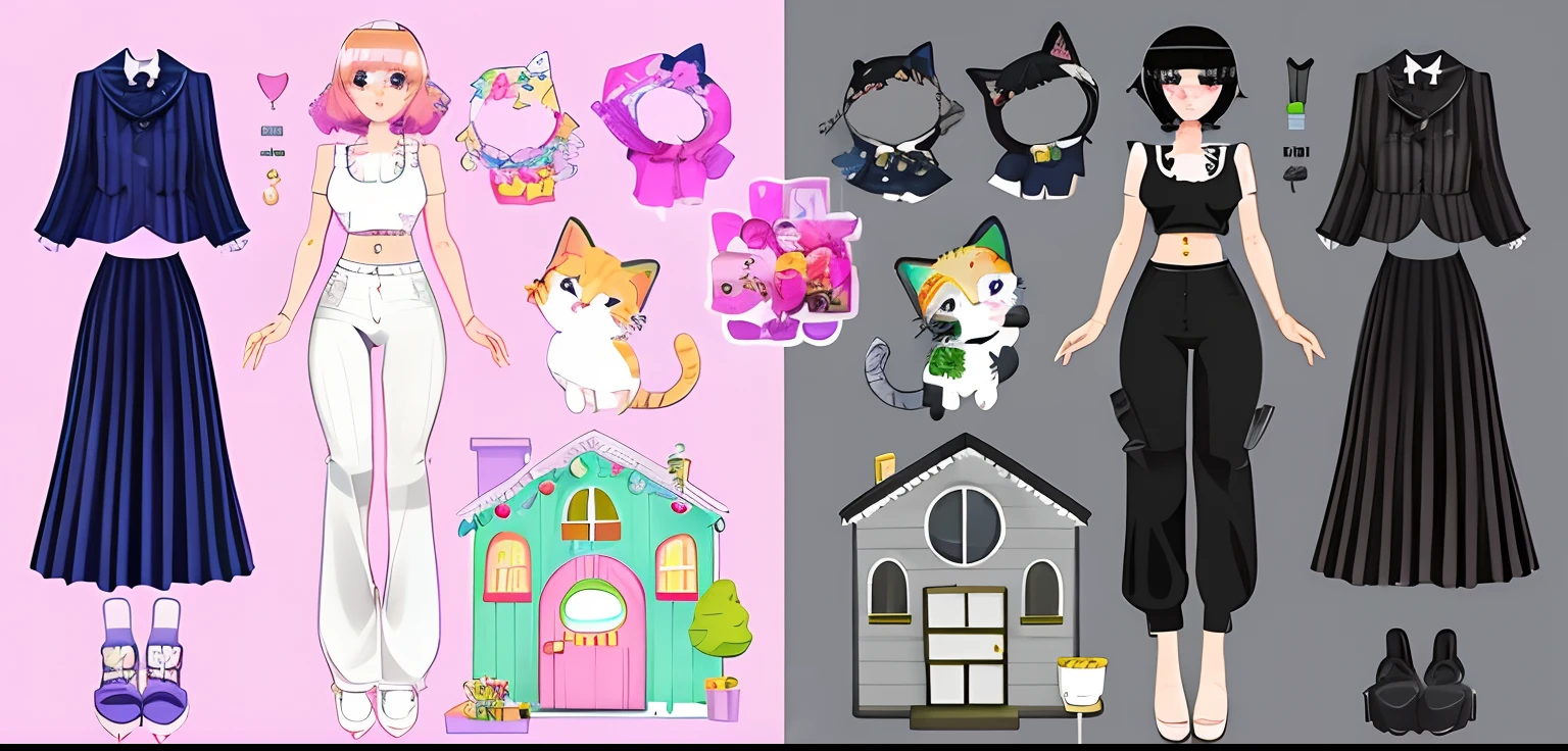 a close up of a paper doll with a cat and a house, my dress up darling anime, cute detailed digital art, design your own avatar, outfit designs, powerpuff girls style, cute digital art, inspired gacha club game, emo girl and her cat, rounded house and cute character, by Kanbun Master, cute cartoon style, cute art style