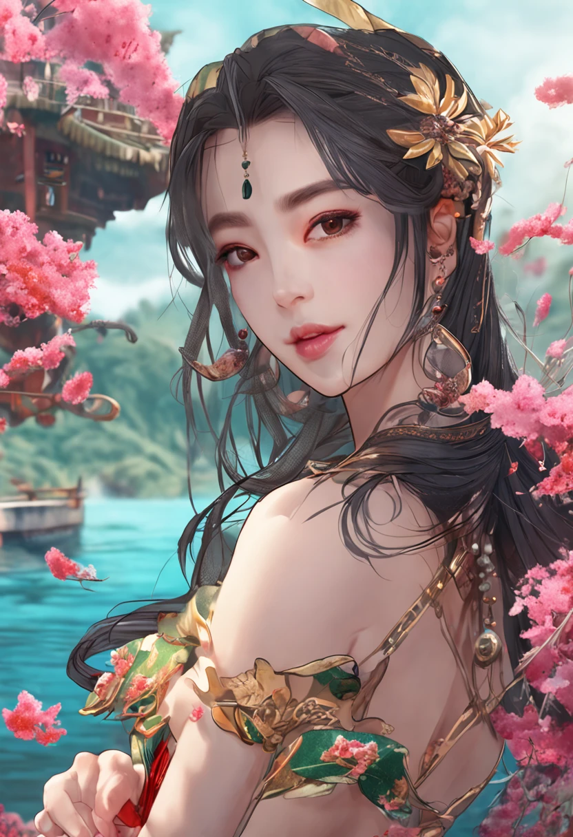 Best Quality, Detailed, 8K, 4K, Detailed beautiful girl, top-quality, hight resolution, top-quality, hight resolution, a beauty girl, Traditional costumes, Smooth skin, ocean, are visible, NSFW,Marine Plants、Wearing panties、
