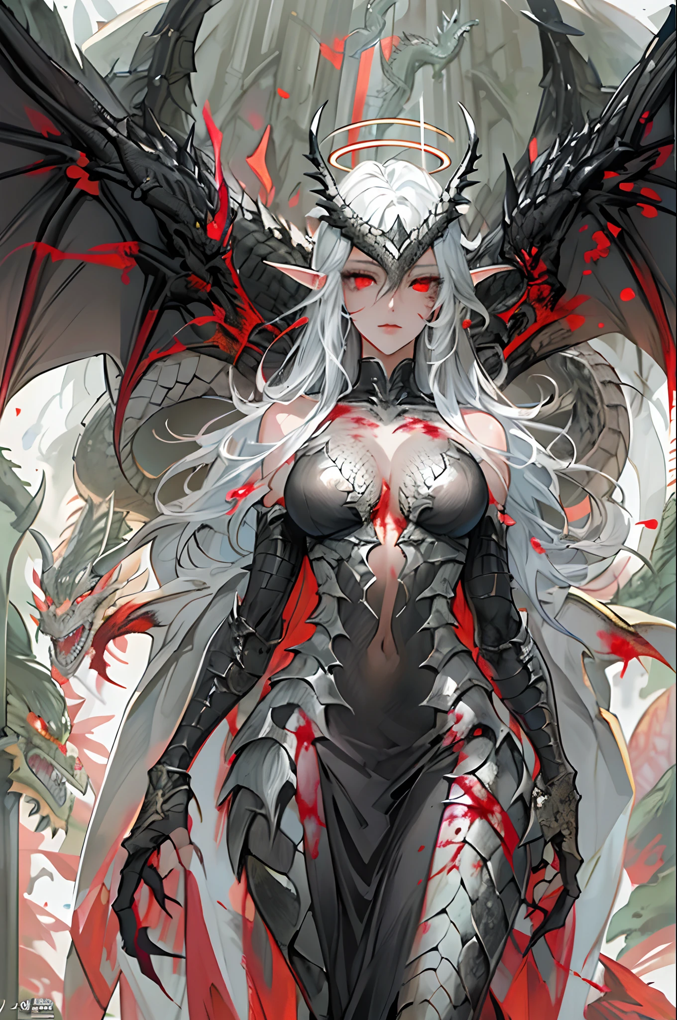 (masterpiece, best quality), 1lady, solo, (white dragon Scales, scaly body), halo, wings,fallen angel, black hair, loose waves, red eyes, (dragon, art by jeehyung lee), big breasts, naked. Background an underground dungeons and dragons realistic lair. Blood dripping on her