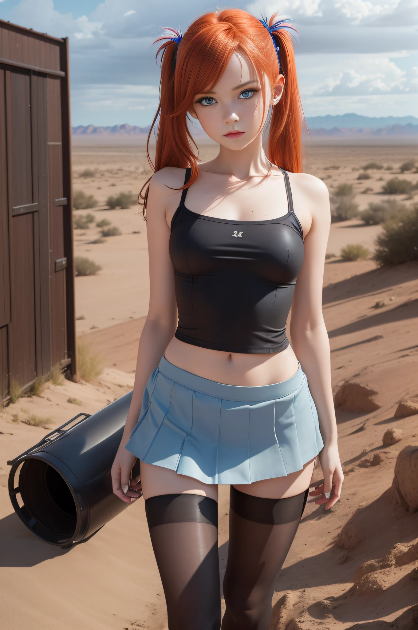 1 girl, solo, (nsfw), cute redhead 18-year-old girl in twin tails, ((perfect female body)) multiple (rainbow colored hair: 1.2), (beautiful detailed blue eyes: 1.6), (photo realistic eyes: 1.6), happy, Ukrainian, (petite body), ((small hips)), pale white skin, (mini skirt and tube top), (matte pantyhose: 1.6), post apocalyptic background, bleak barren desert, very dark cloud covered sky, photo realistic.