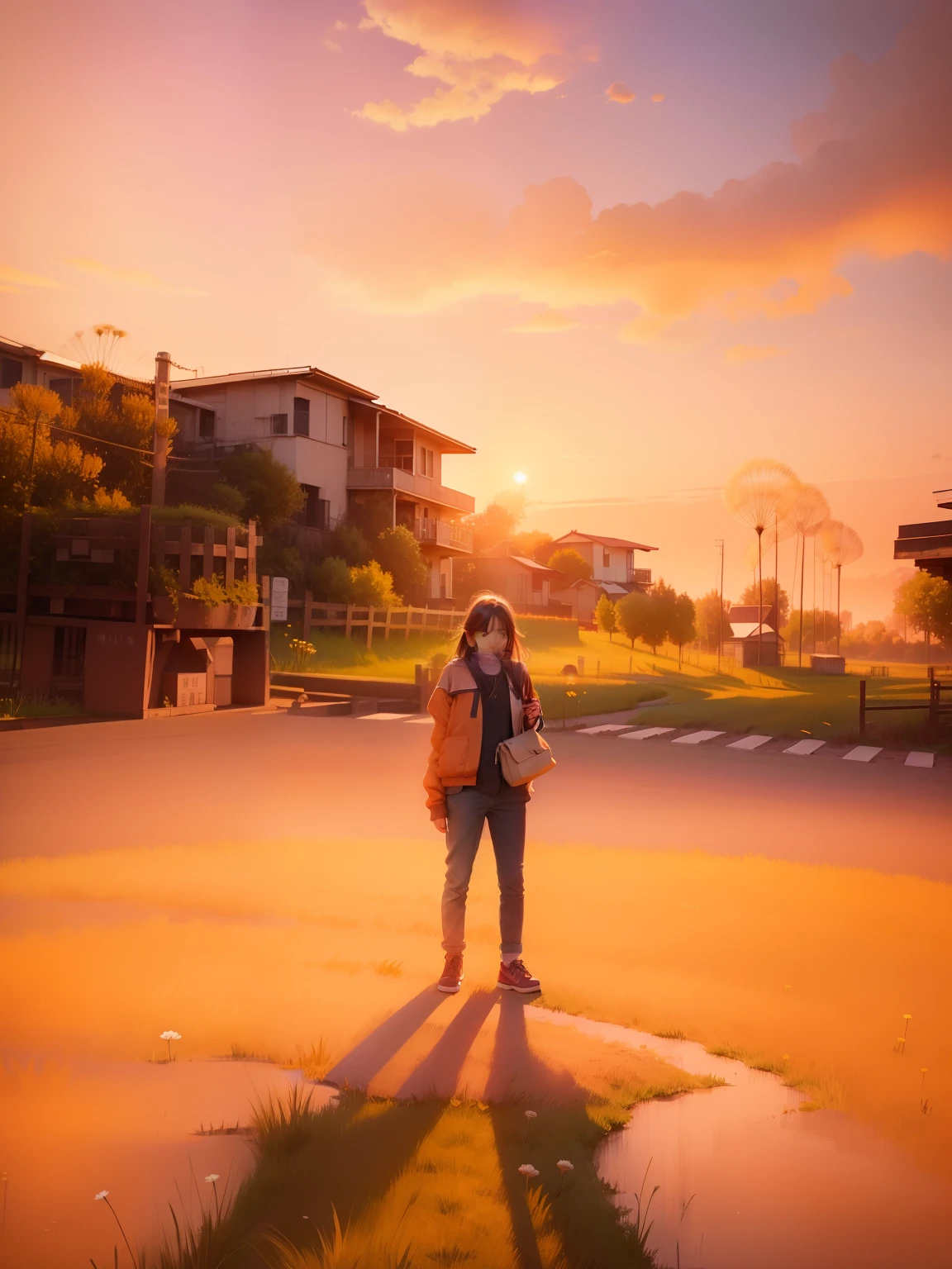 Young girl blowing dandelions in a field overgrown with dandelions at sunset,orange colors、Red and lilac colors fill the sky