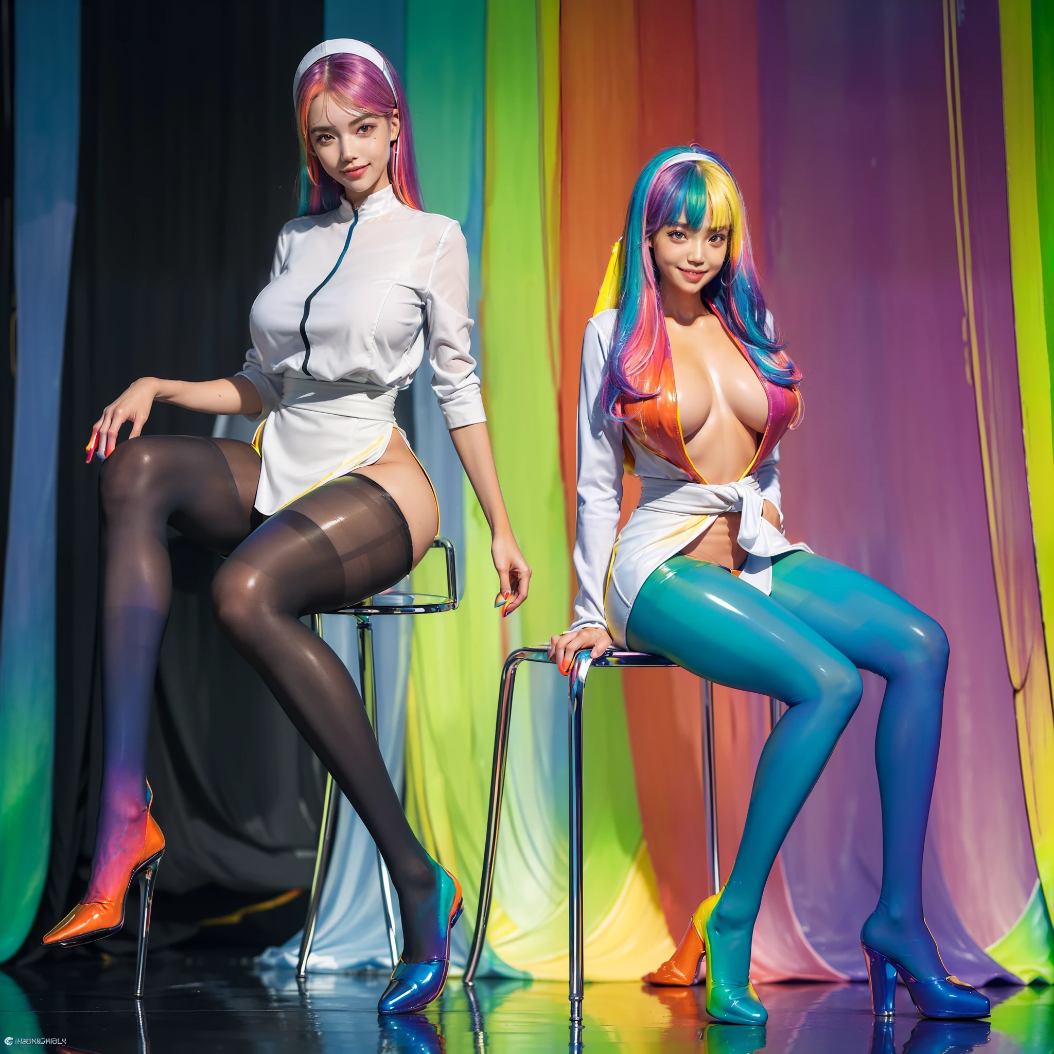 (full body:2),(1girl:1.3),(view the viewer:1.4),(anatomy correct:1.5),((((thick Metal pantyhose that reflects like a mirror ))):1.3), (pointed thick heels :1.3),,((((Sitting on a chair and using your hands to lift your thighs))):1.2),((nun),((((with a very thin waist, a very large chest, huge buttocks, and thick legs)))):1.3),(Extra Long blonde Hair:1.2),(Accurate and perfect face:1.3),(Long legs and big feet:1.3),(With a smile:1.3),((Polished clothing):1.2),((Skin reflection , Skin Gloss):1.2),((((( colorful)))):1.5),hyper HD, Ray traching, reflective light, structurally correct, Award-Awarded, high detail, lighten shade contrast, Face lighting ,cinematic lighting, masterpiece, super detailing, high quality, high detail, best quality, 16k,High contrast,