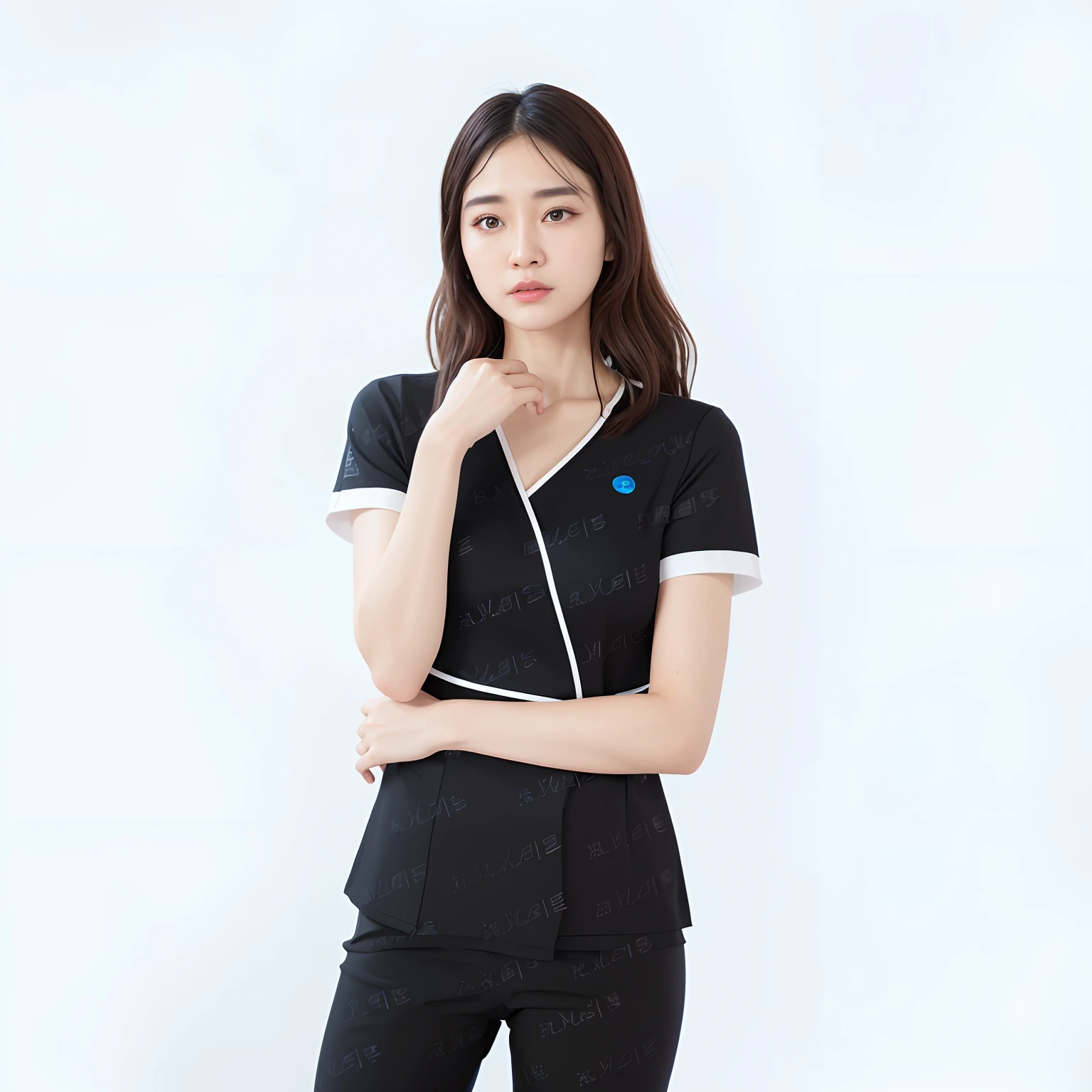 Arad woman in black frosted suit poses for a photo, full-body xianxia, Li Zixin, avant designer uniform, black main color, Short sleeves, close - fitting nurse costume, product image, jia, Cai Xukun, Nurse, Surgical gowns and scrubs, nurses uniform, zun, product introduction photos, Yang Qi, Official product image