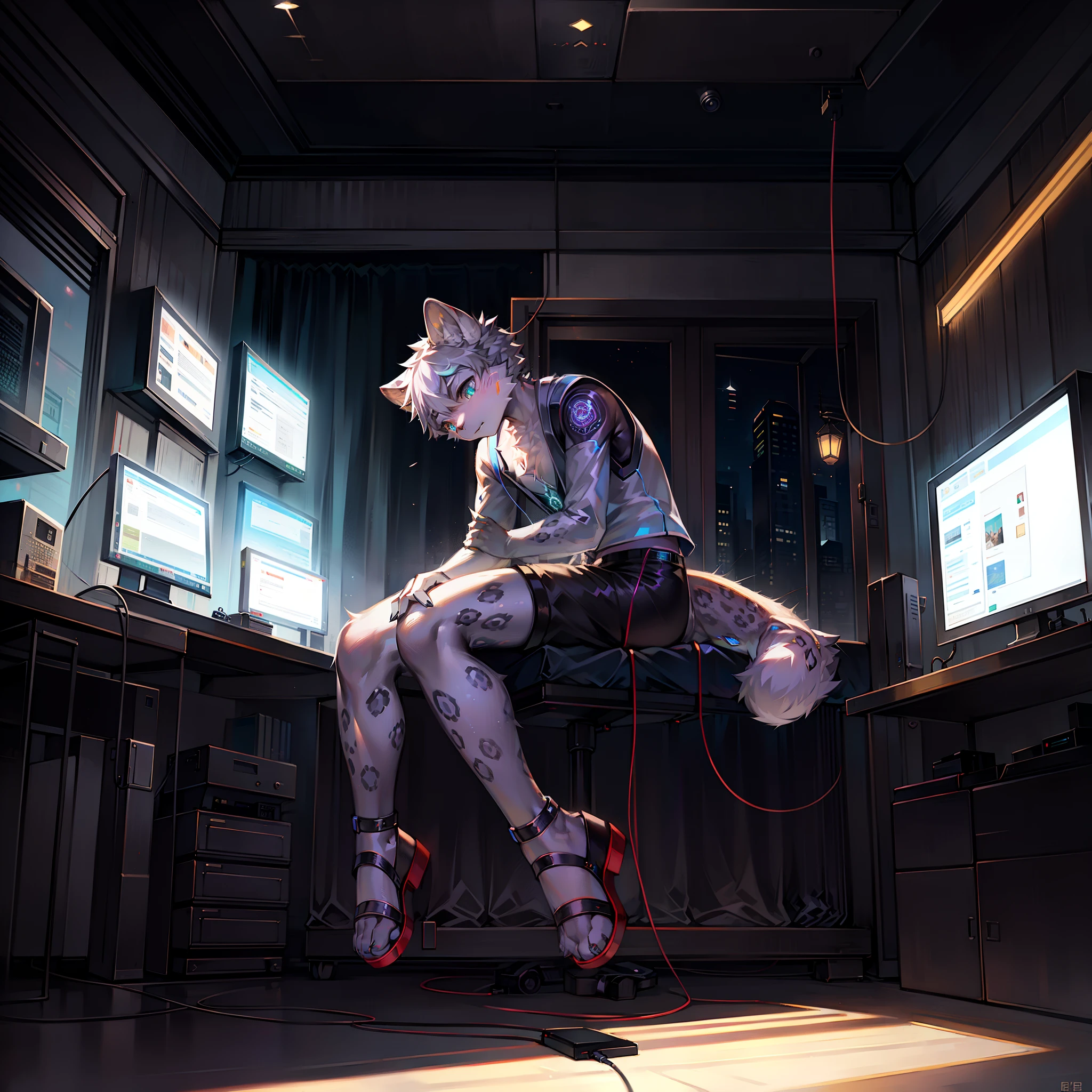 robot Leopard，Wear white vest，Black  shorts，sandals。electrical wires，Electric currents，Computer，sit on a bed，（photo-realistic）