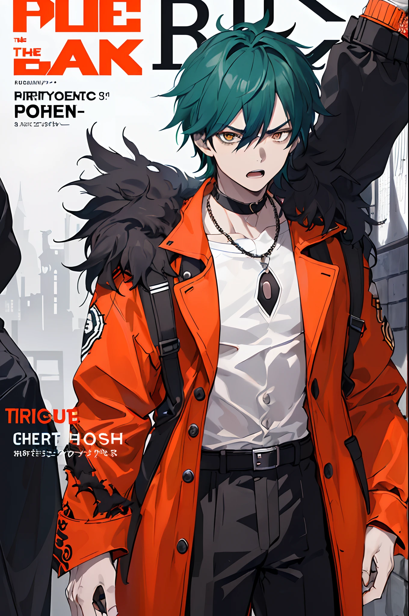 ((((Dramatic)))、(((gritty)))、(((vehement)))Movie poster with a young man as the main character。He stands confidently in the center of the poster.、Wear stylish and edgy outfits、I have a determined look on my face。The background is dark and rough、Makes you feel danger and strength。Text is bold and attention-grabbing、Has a catchy tagline that adds to the overall sense of drama and excitement。The color palette is predominantly dark、There are splashes of bright colors、It gives the poster a dynamic and visually striking look。The male has a center part, green hair, Asian, dynamic and visually impressive.。
(magazine:1.3), (cover-style:1.3), Fashionable, male people, with a vibrant, outfits, the pose, the front, Colorful, Dynamic, Background with, element, I'm confident, expresive, ngel, statement, accessorized, An majestic, coiled, surroundings, touch, The scene, Texto, covers, It's bold, captures the attention, titles, stylish, font, Catchy, headline, The large, impressive, moderno, Trendy, focus, lo fashion,