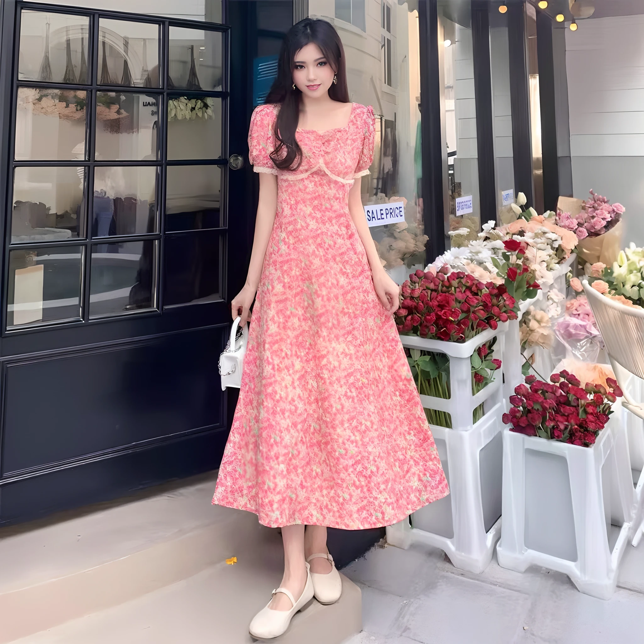 ((Best Quality, 8k, Masterpiece: 1.3)), 1 girl, smile, full body, slim face, pretty woman, (dark brown hair), full length dress :1.1, super detailed face, detailed eyes, double eyelids, blurred background, slim face, city, outside, street