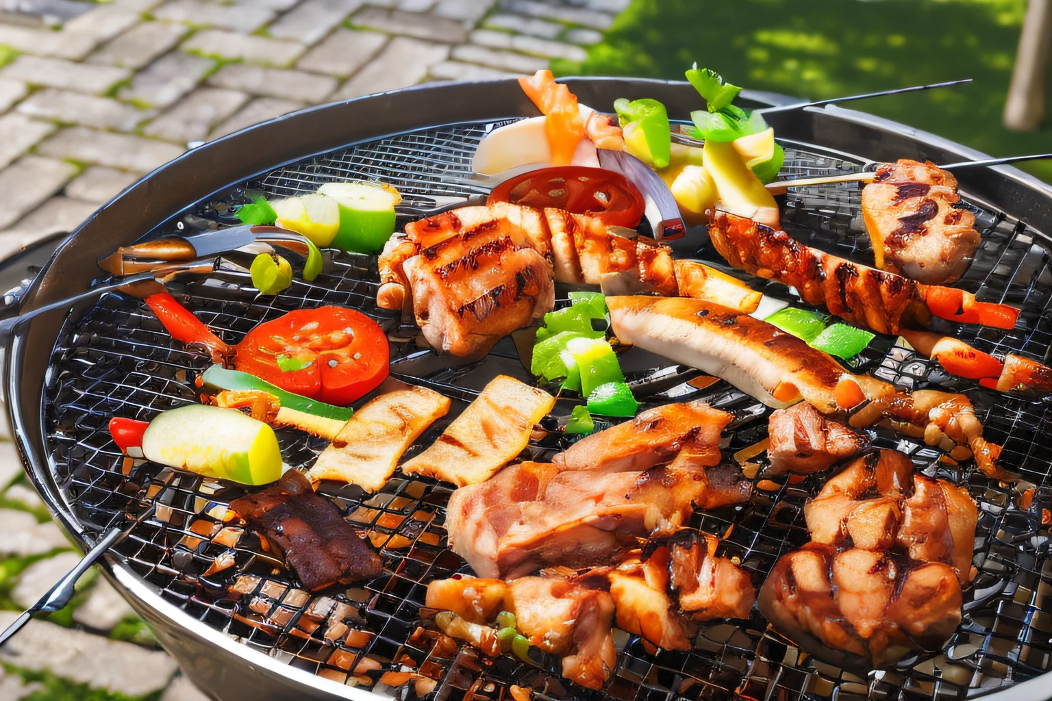 ( (8k:1.27)、top-quality、masterpiece、超A high resolution:1.2) 、Background with、plein air、grill、BBQ、grill、skewer、grill、grilled chicken、High quality detailing、looks realistic、Grilling meat、