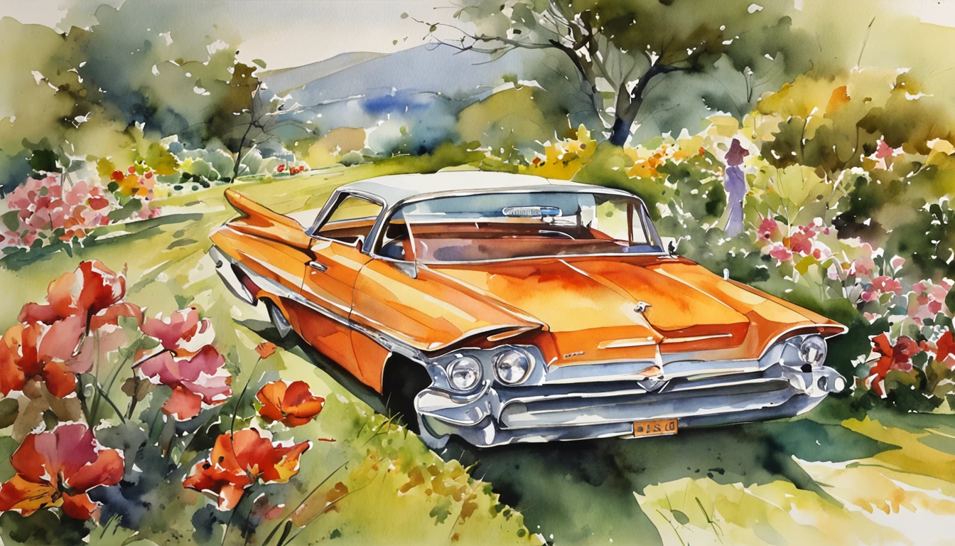 (master part), (melhor qualidade), ((vista frontal)), (Centrado), (meio corpo), Watercolor illustration of a flower garden, arte Boris Vallejo, Syd Mead, arte dos anos 70s, na cor verde.