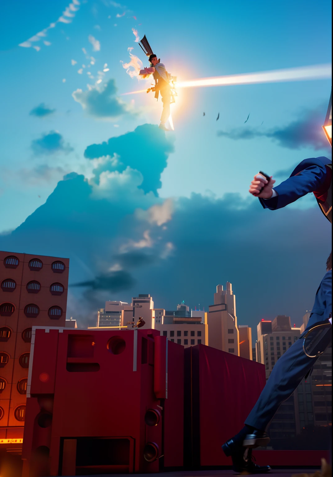 A man in a suit and a sword stands in front of a building, Fan art, cinema shot!, cinematic shot ar 9:16 -n 6 -g, cinematic action shot, Film art shooting, Epic concept art. Bokeh, film render, detailed cinematic shot, CG art, Ultraman, shot from cinematic, Movie 4K wallpaper