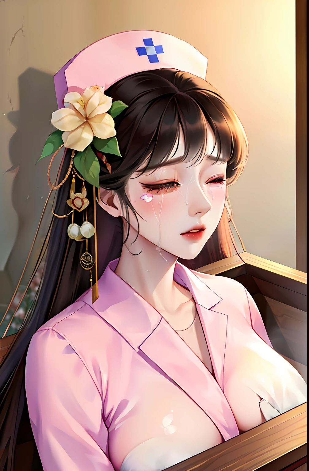 1girl,korean nurse girl,very beautiful detailed face,nurse wet uniform,super big breast,(P cup), hold a flower,gently sad and cry,sexy body,in the casket box, lying in a coffin , death, dead, limp, eyes closed,box full flower