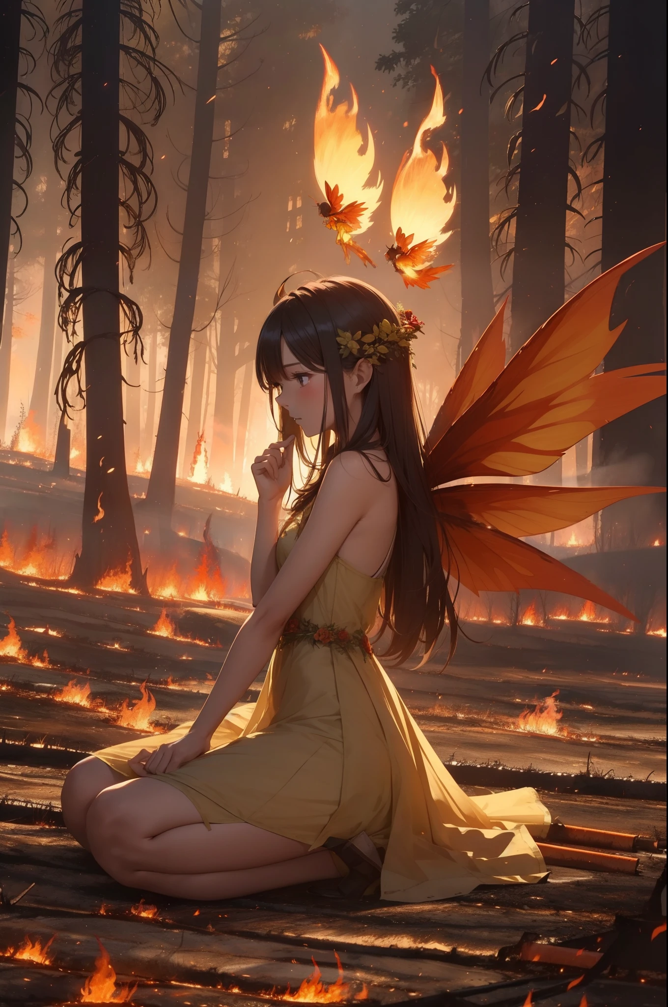 (wildfires:1.5), Burning Forest, (Fleeing Flower Fairy: 1.8), (The winged fairy is sad: 1.5), Withered flowers, fallen wood,  nffsw, retinas, masutepiece:1.3, ccurate, (Super Detail, high details, High quality), awardwinning, Best Quality, hight resolution, 8K