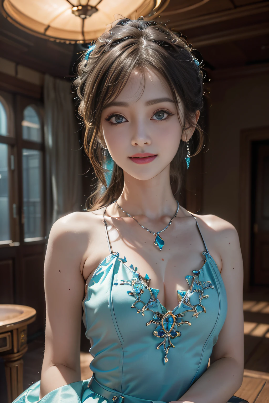poneyTail, Snow Peak Pavilion, hair pin, Colored Contact Lenses(Shelley Greg）, aqua eyes, nedium breasts, smiley, jewely（earring）, modern, Chiaroscuro, Cinematic lighting, Nikon, 85 mm, High quality, 8K, Best quality, Super detail