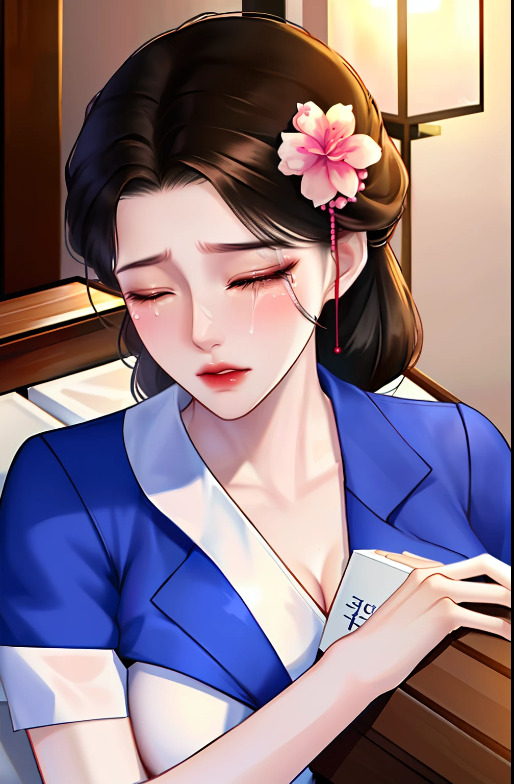 1girl,korean nurse girl,very beautiful detailed face,nurse wet uniform,super big breast,(P cup), hold a flower,gently sad and cry,sexy body,in the casket box, lying in a coffin , death, dead, limp, eyes closed,box full flower