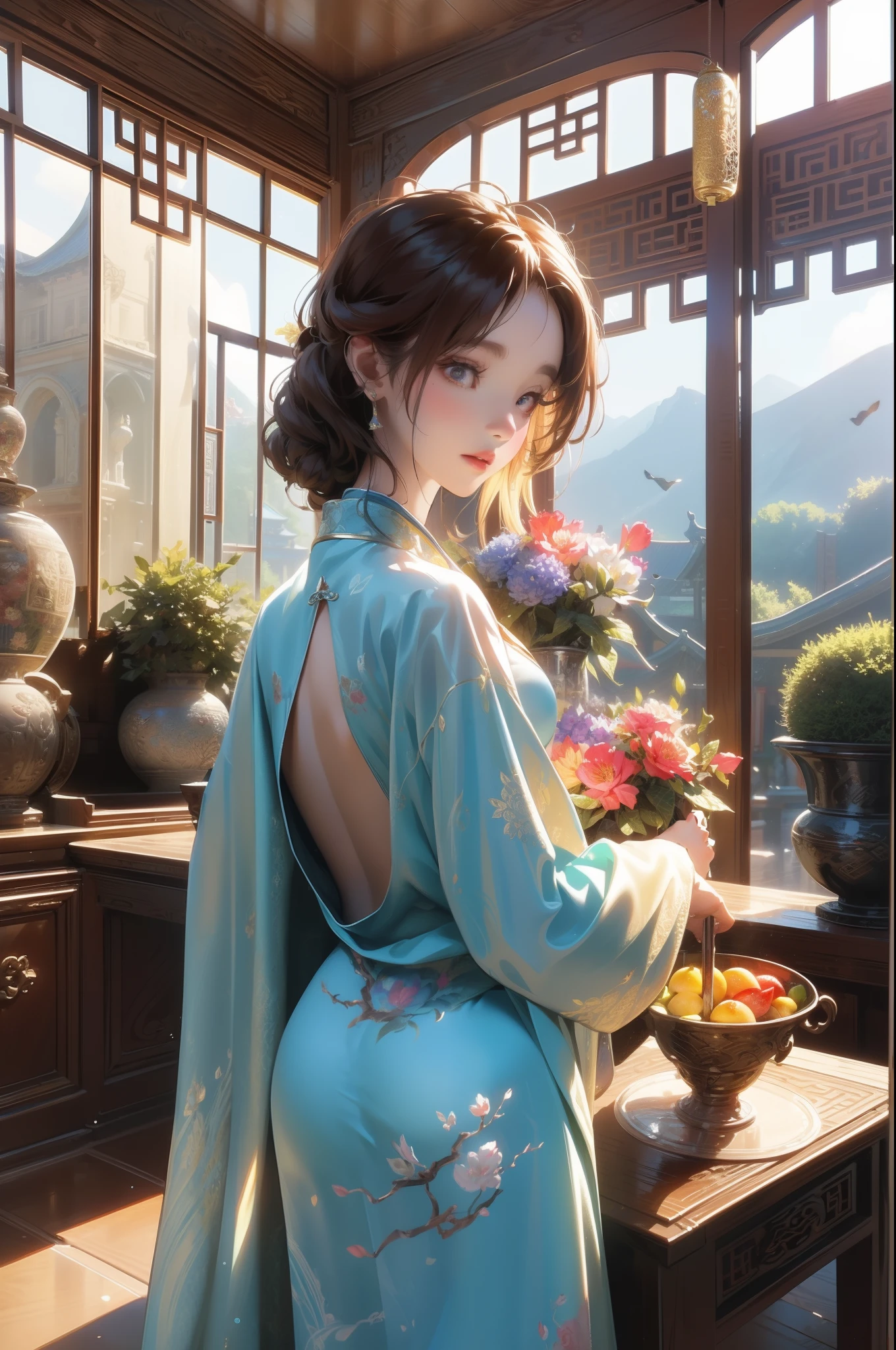 best quality, realistic, photorealistic, ultra detailed, "Mountain of Flower and Fruit+Fairy+Chinese Architecture" highly detailed carving on "southern ice" porcelain,Ultra wide angle,Accent Lighting,Volumetric Lighting,backlighting, (detailed light),((an extremely delicate and beautiful)),dramatic_shadow,ray_tracing,hdr