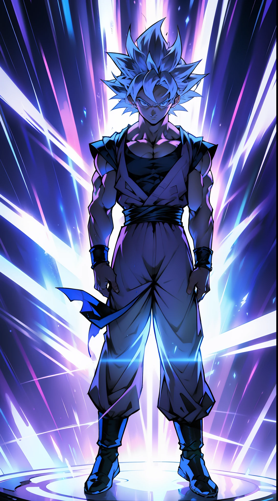 Son Goku transforming into Ultra Instinct surrounded by Violet Aura and lightning full-body shot, 4k, cabelos prateados, Pupilas de prata, Detalhes altos, epics, cinemactic