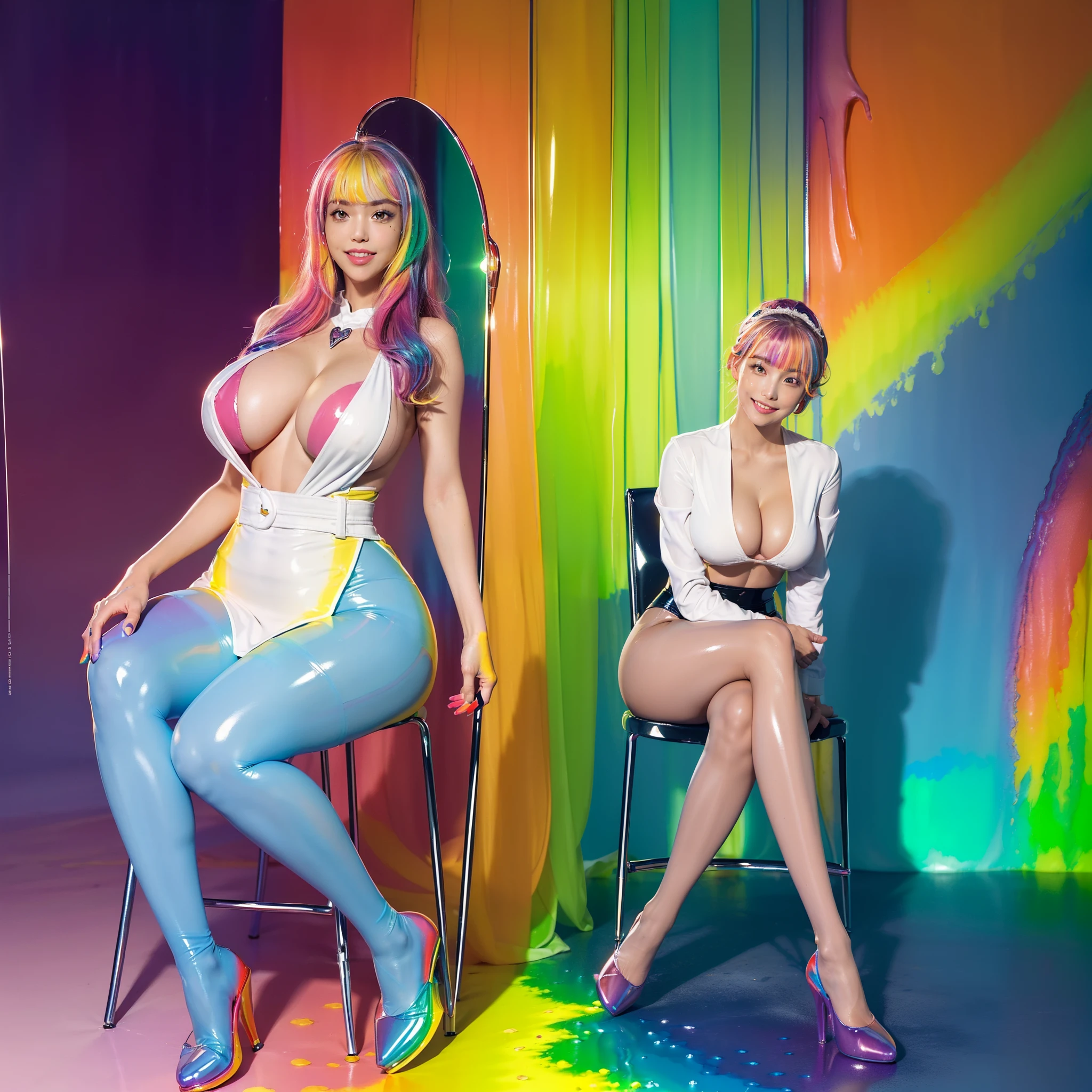(full body:2),(1girl:1.3),(view the viewer:1.4),(anatomy correct:1.5),(((thick latex pantyhose)),(((reflects like a mirror ))):1.3), (pointed thick heels :1.3),,((((Sitting on a chair and using your hands to lift your thighs))):1.2),((nun),((((with a very thin waist, a very large chest, huge buttocks, and thick legs)))):1.3),(Extra Long blonde Hair:1.2),(Accurate and perfect face:1.3),(Long legs and big feet:1.3),(With a smile:1.3),((Polished clothing):1.2),((Skin reflection , Skin Gloss):1.2),((((( colorful)))):1.5),hyper HD, Ray traching, reflective light, structurally correct, Award-Awarded, high detail, lighten shade contrast, Face lighting ,cinematic lighting, masterpiece, super detailing, high quality, high detail, best quality, 16k,High contrast,