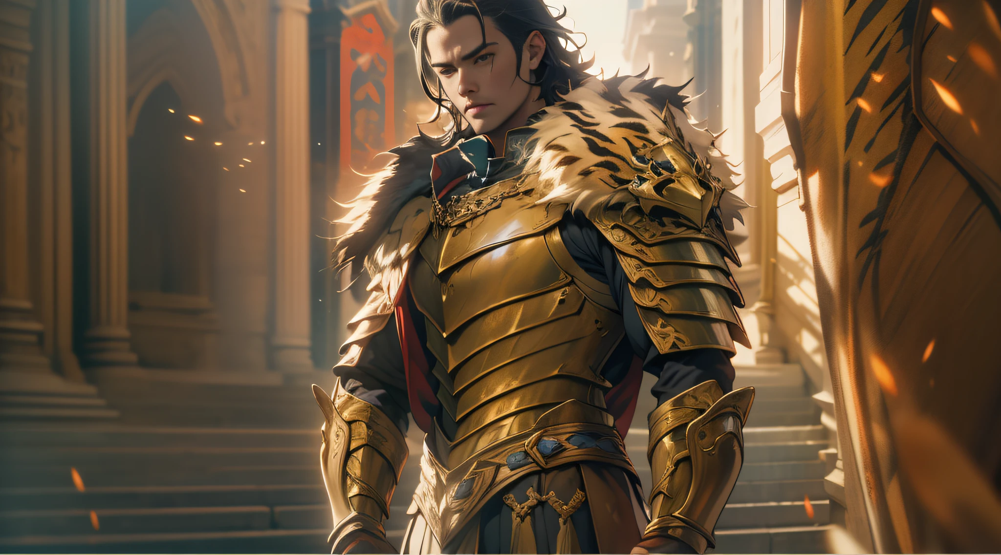 Anjo de cabelos dourados, encaracolado, cabelos longos, masculino, armadura detalhada, com uma espada amarelada, poder dimensional, tiger symbol on his armor, 18k, uhd, cinematic lighthing, grain of film
