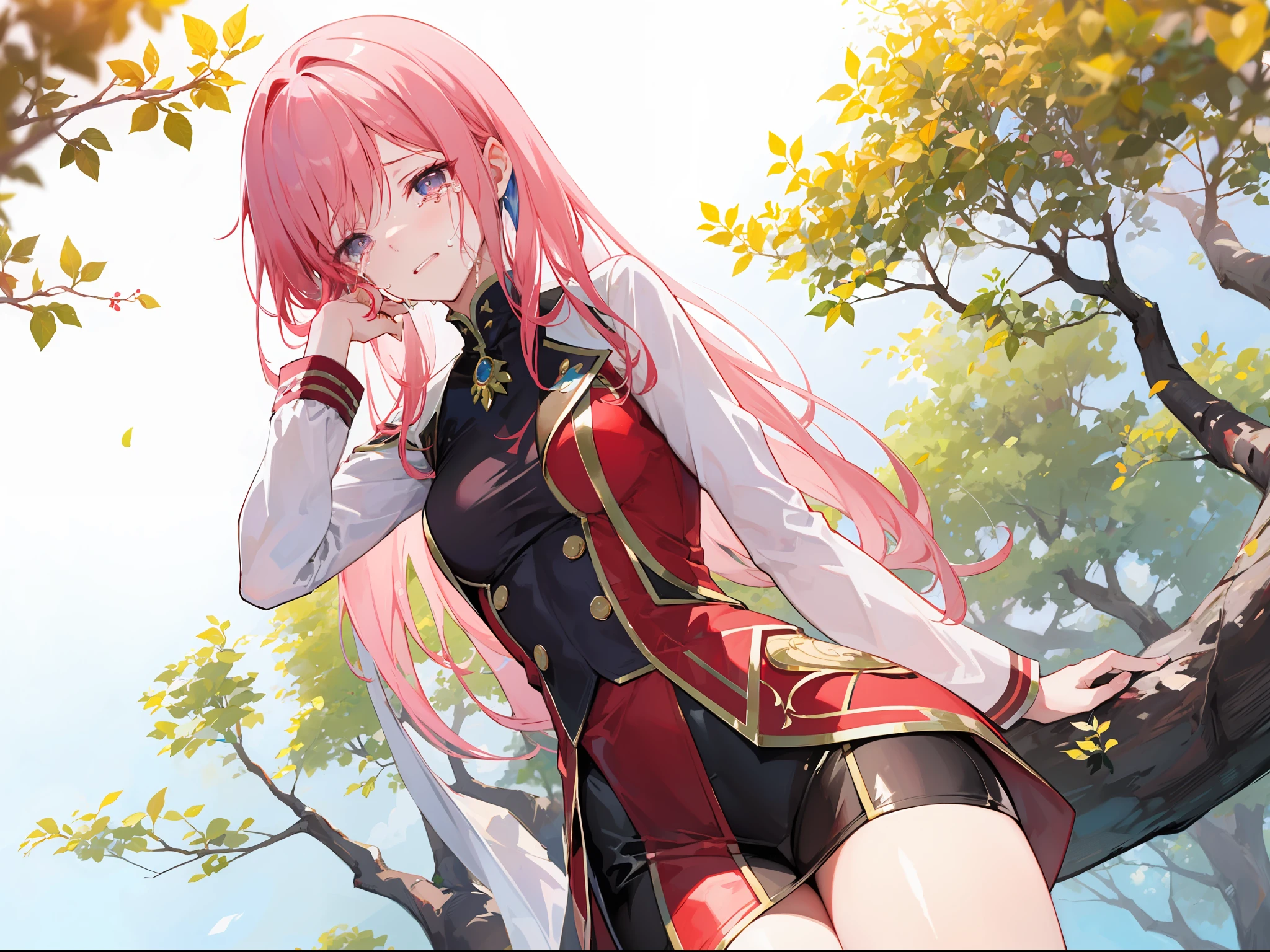 Generate a long flowing pink-haired girl in a vibrant magic academy uniform, she sitting and crying under the white leaf tree.