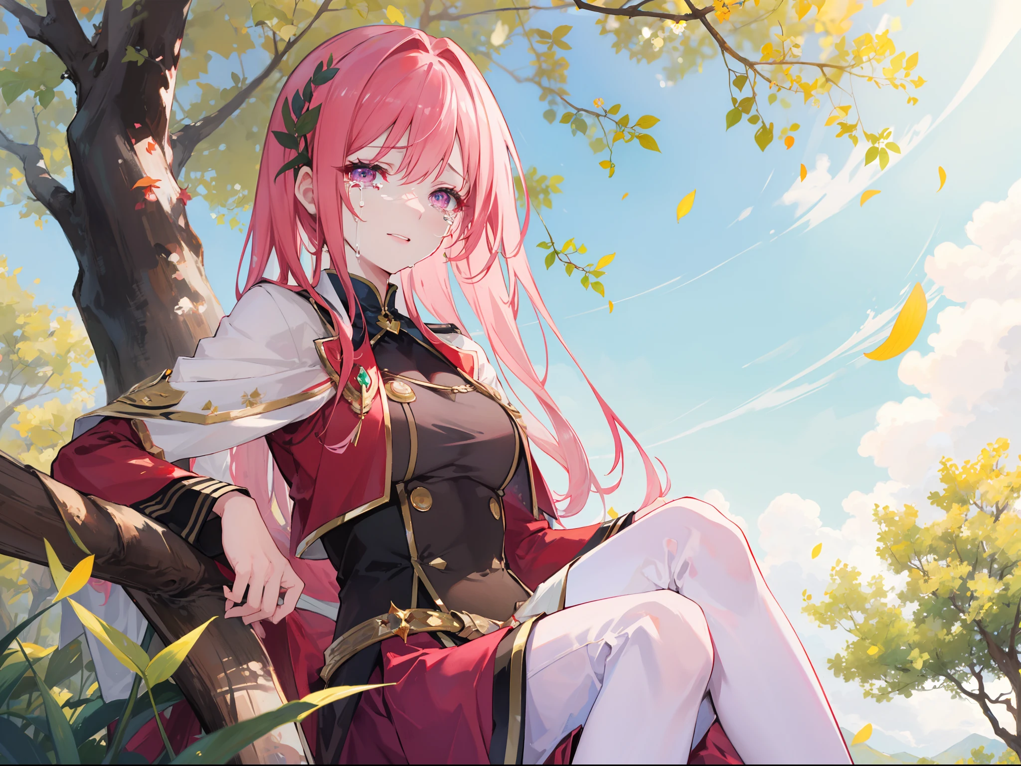 Generate a long flowing pink-haired girl in a vibrant magic academy uniform, she sitting and crying under the white leaf tree.