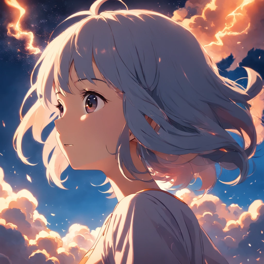 masterpiece, best quality, movie still, 1girl, cloud girl, floating in the sky, close-up, bright, happy, warm soft lighting, sunset, (sparks:0.7)